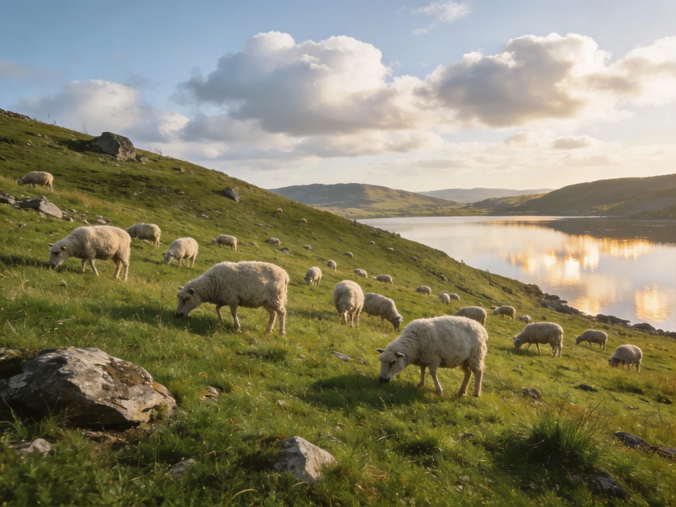 Sheep grazing on a lush green hillside beside a calm lake