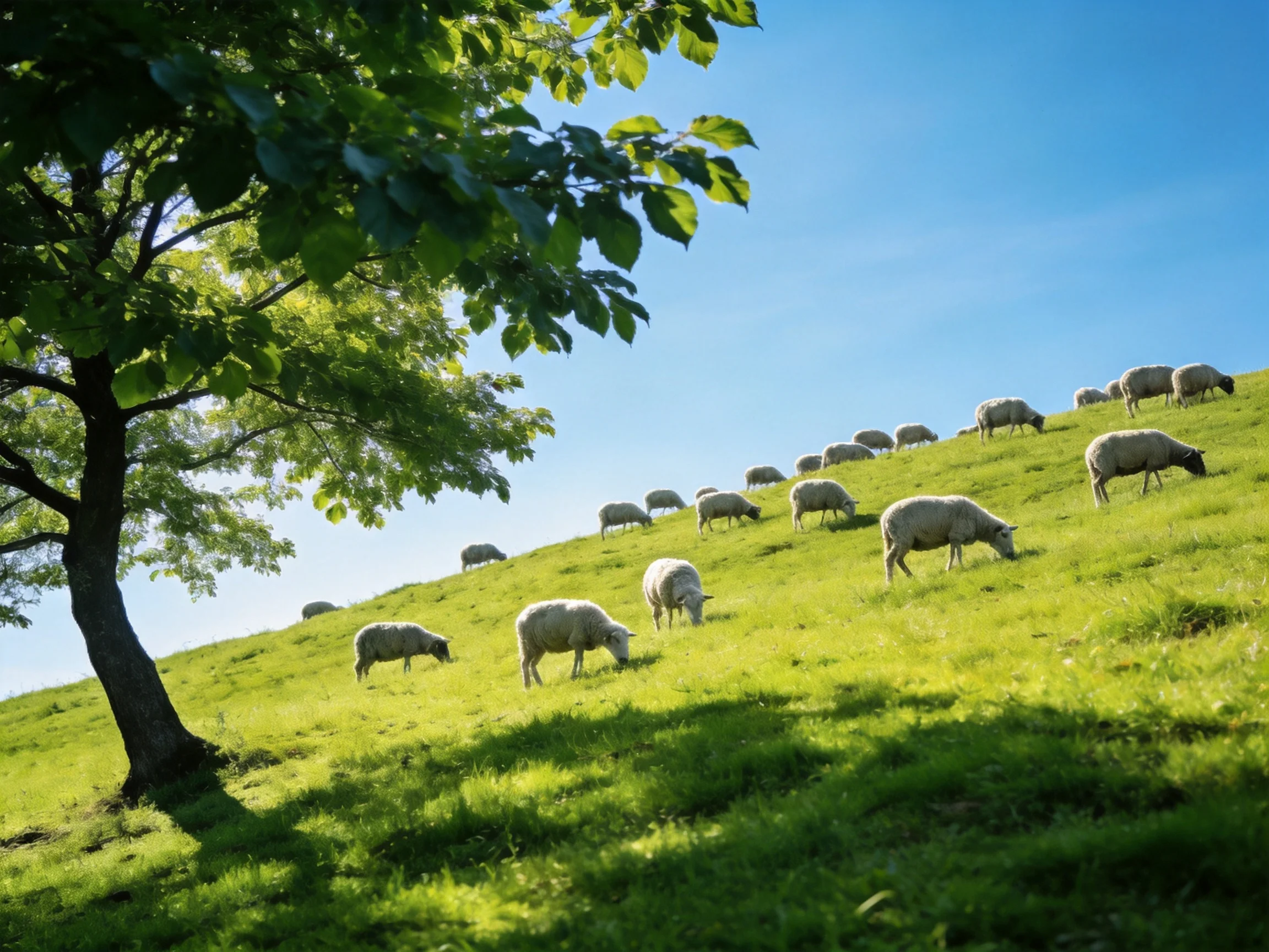 Sheep grazing on a lush green hillside beside a large tree