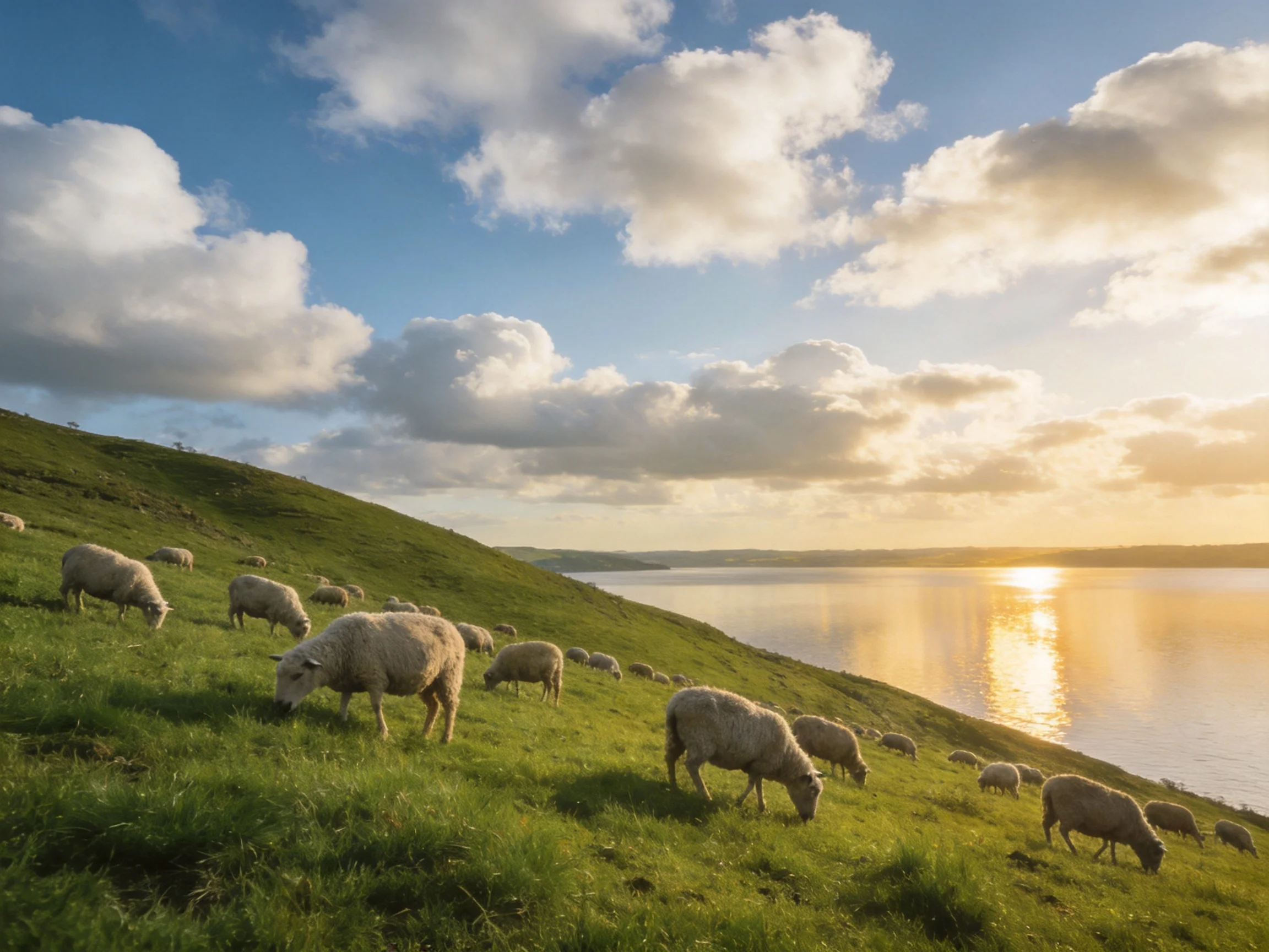 Sheep grazing on a lush green hillside by a calm body of water at sunset