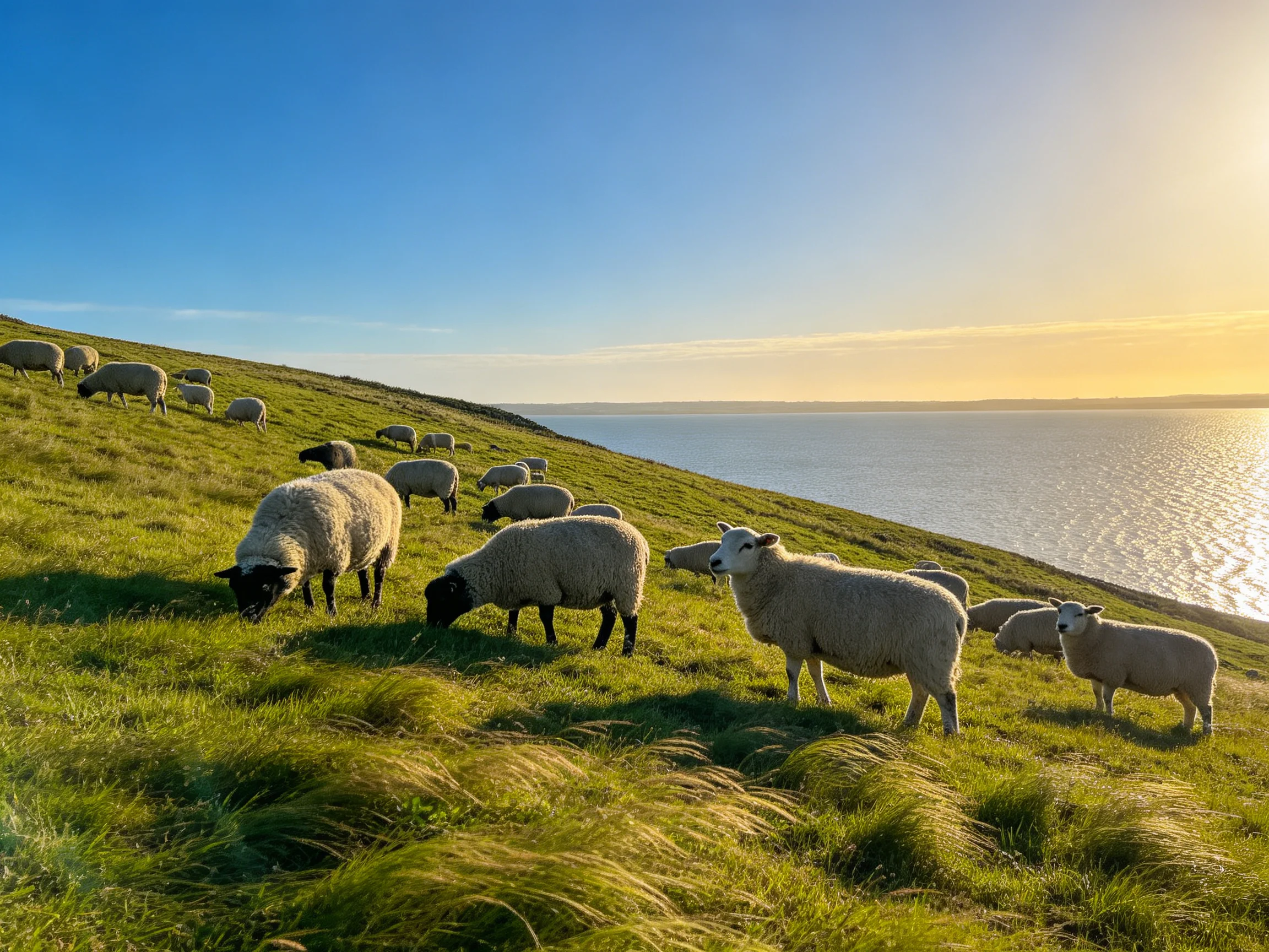 Sheep grazing on a lush green hillside by a calm sea