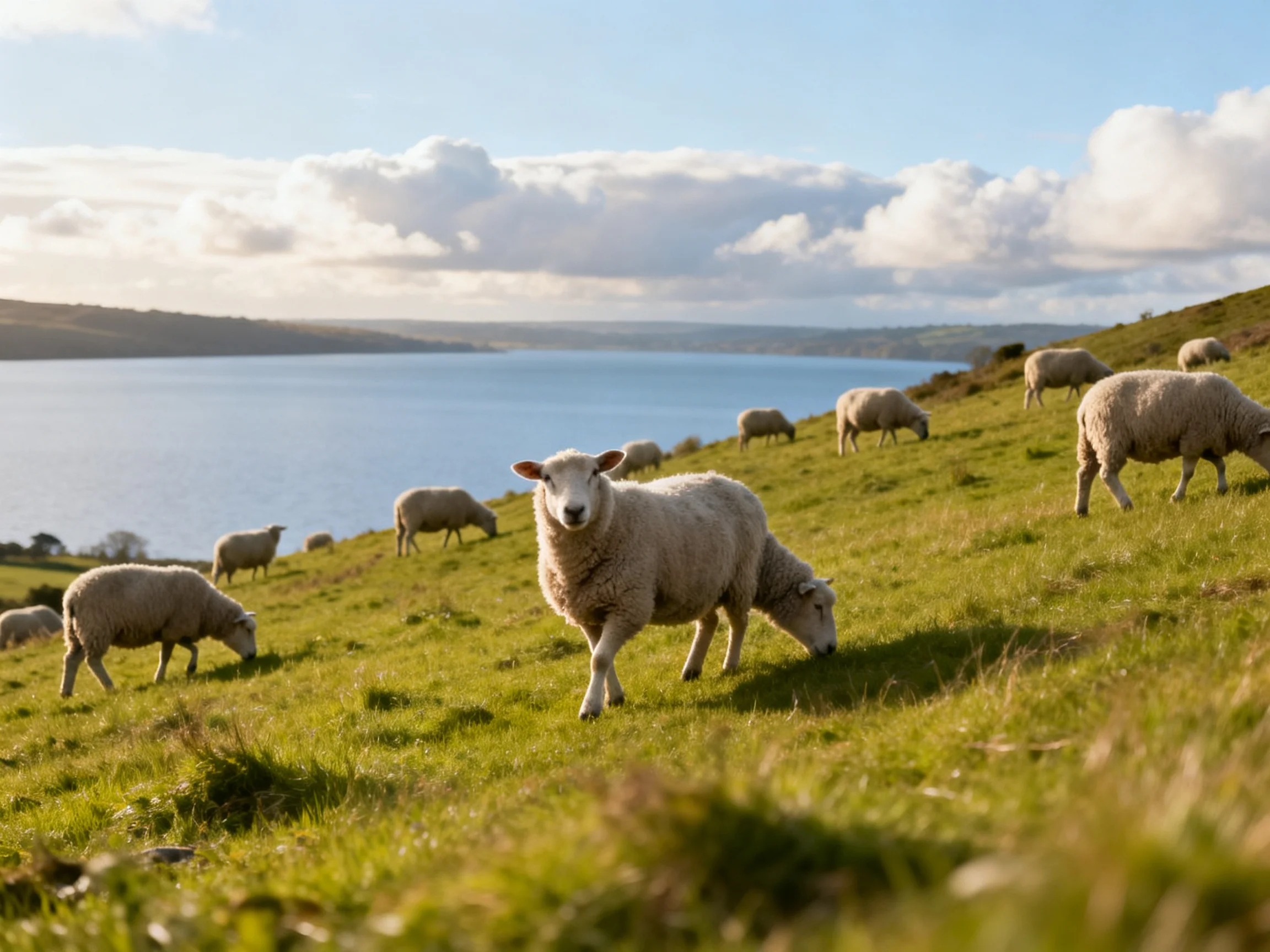 Sheep grazing on a lush green hillside near a calm blue lake