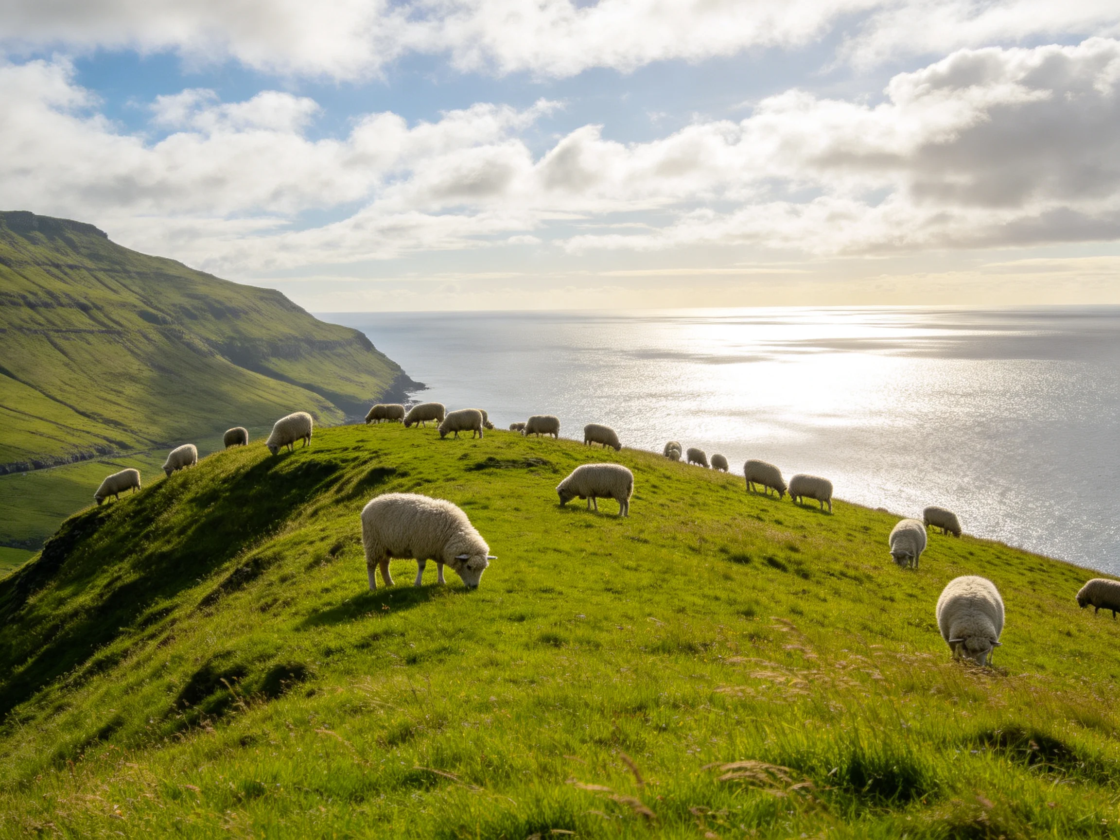 Sheep grazing on a lush green hillside overlooking the sea