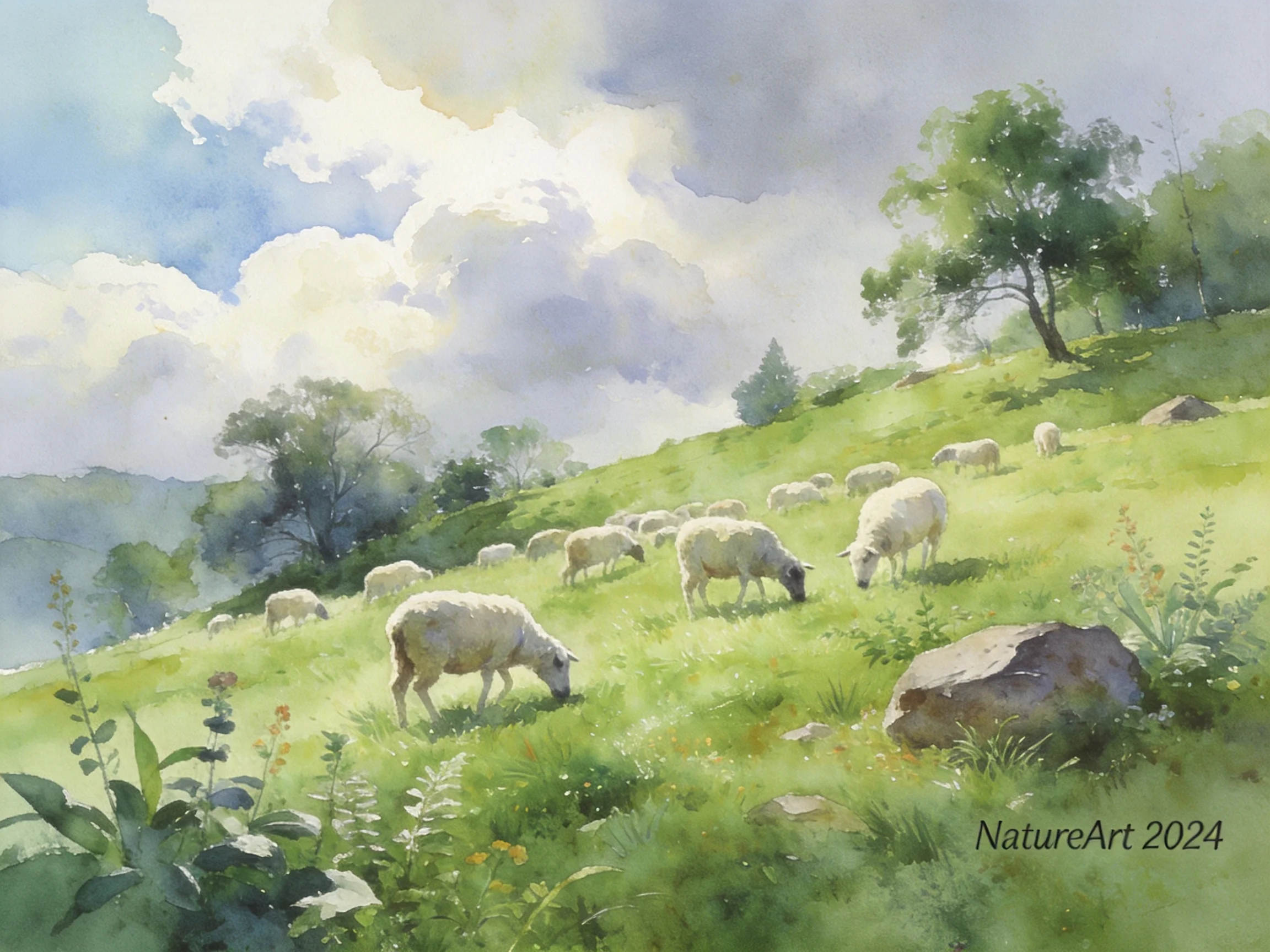 Sheep grazing on a lush green hillside under a cloudy sky