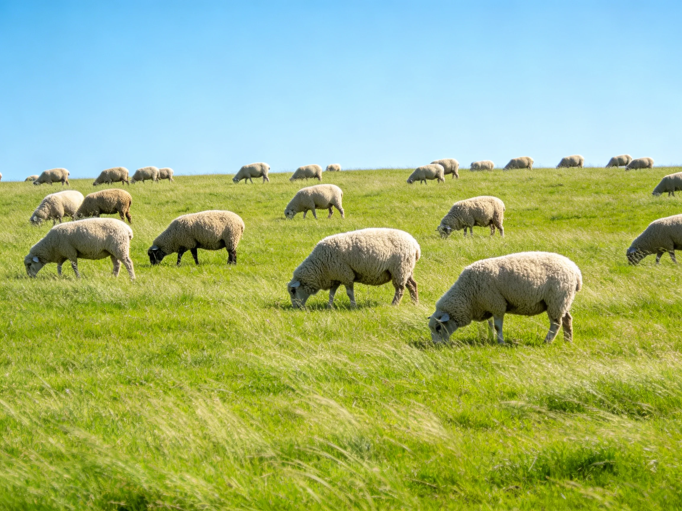 Sheep grazing on a lush green hillside under clear blue sky