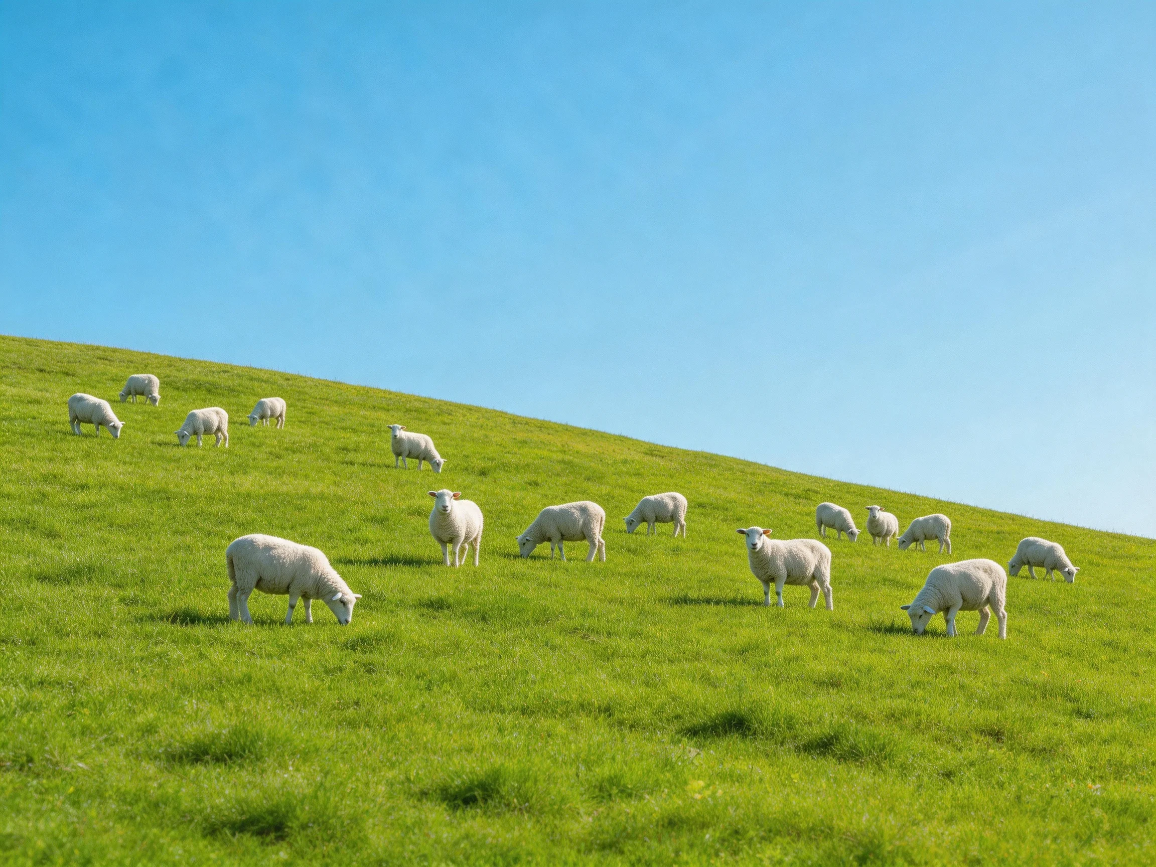 Sheep grazing on a lush green hillside under clear blue sky