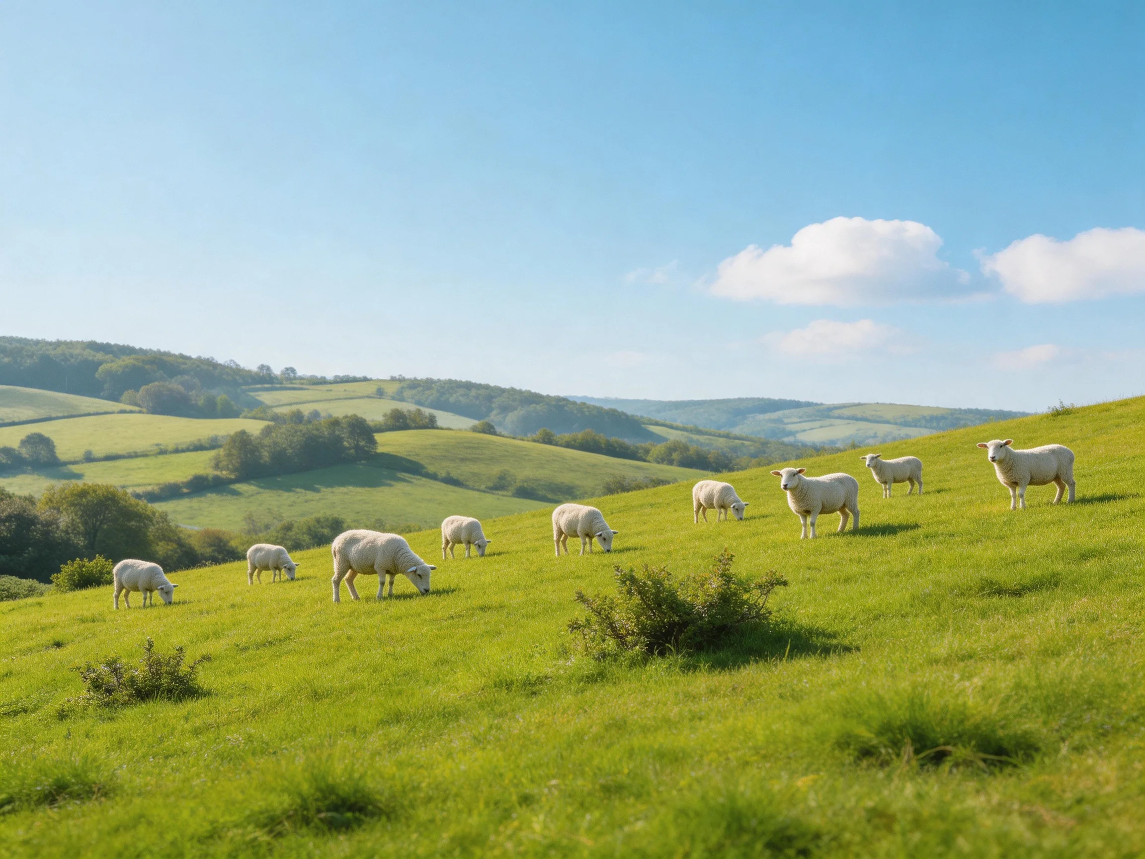 Sheep grazing on a lush green hillside with rolling countryside