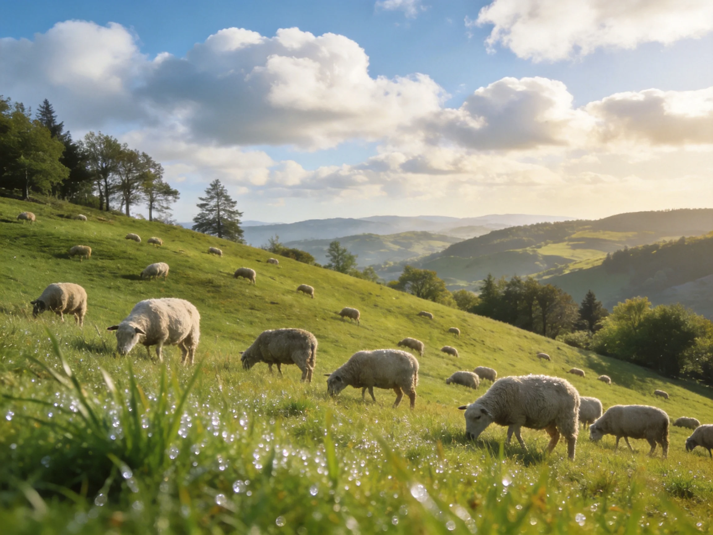 Sheep grazing on a lush green hillside with rolling mountains