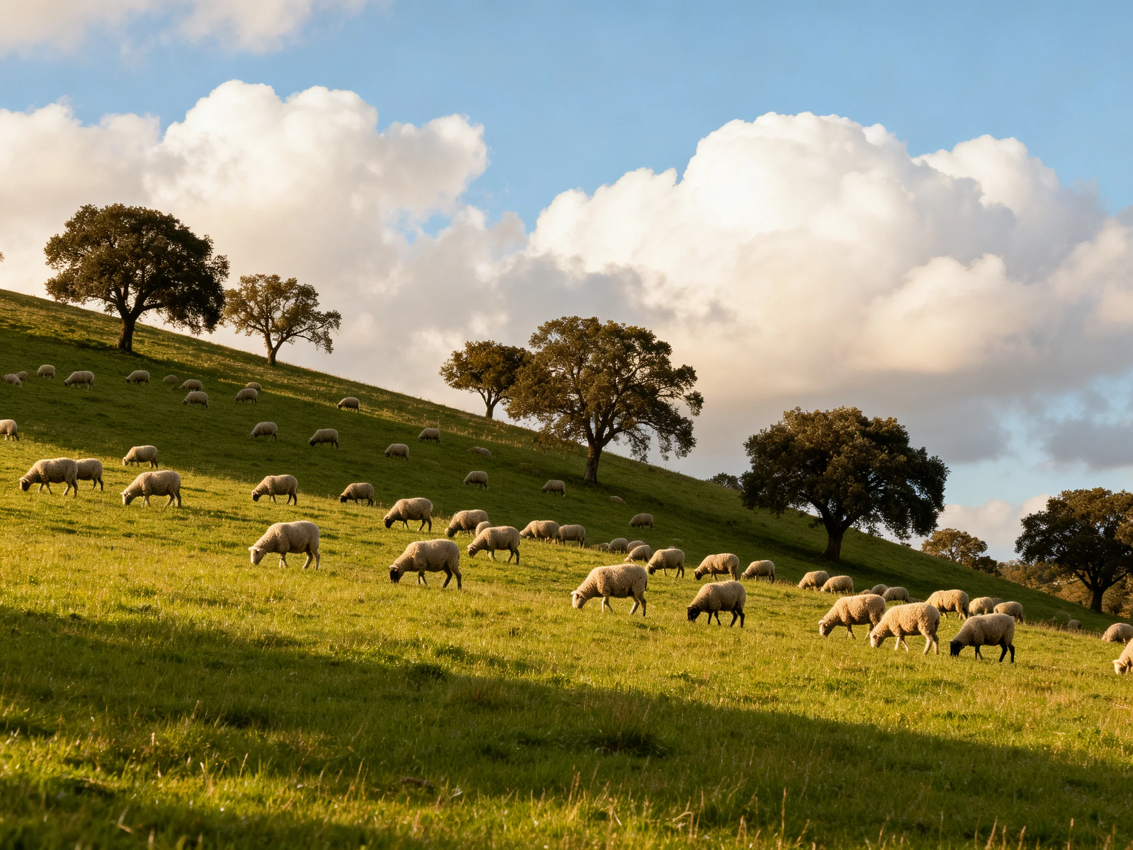 Sheep grazing on a lush green hillside with scattered trees