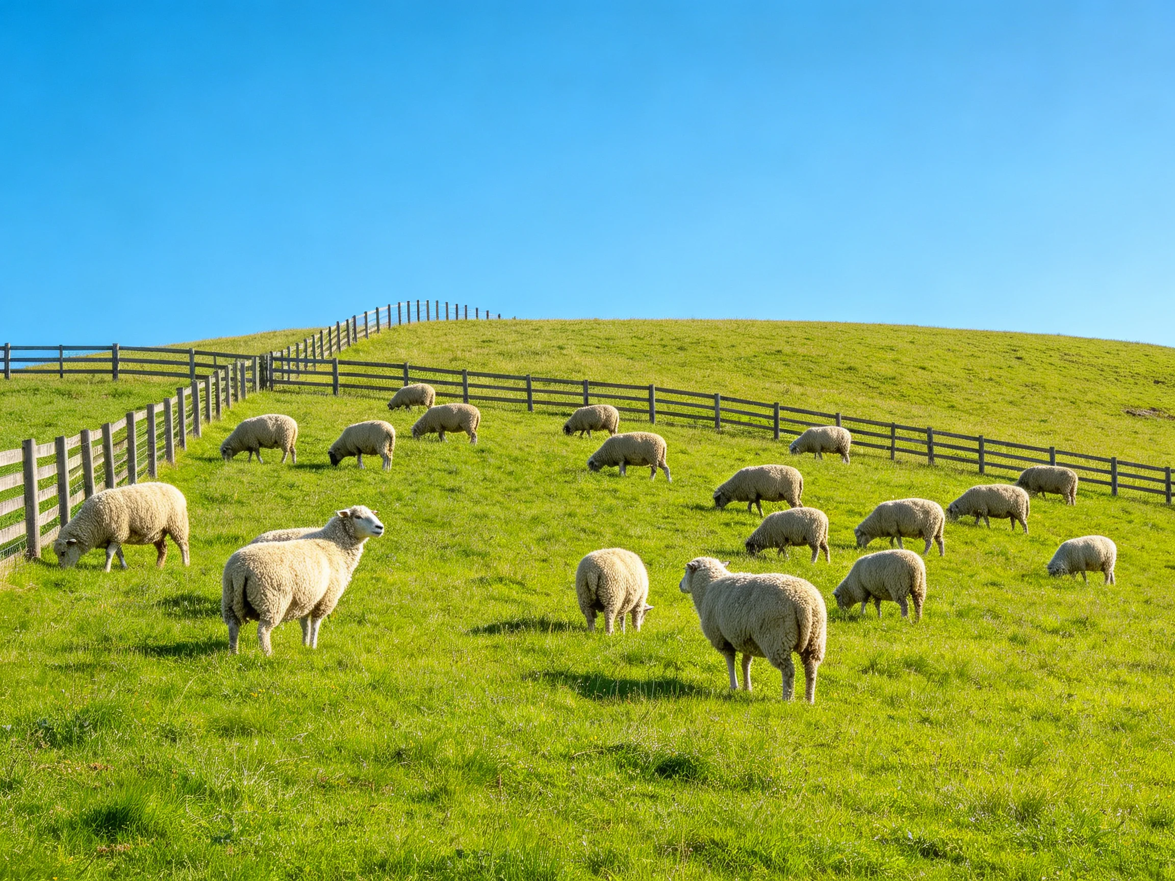 Sheep grazing on a lush green hillside with wooden fences