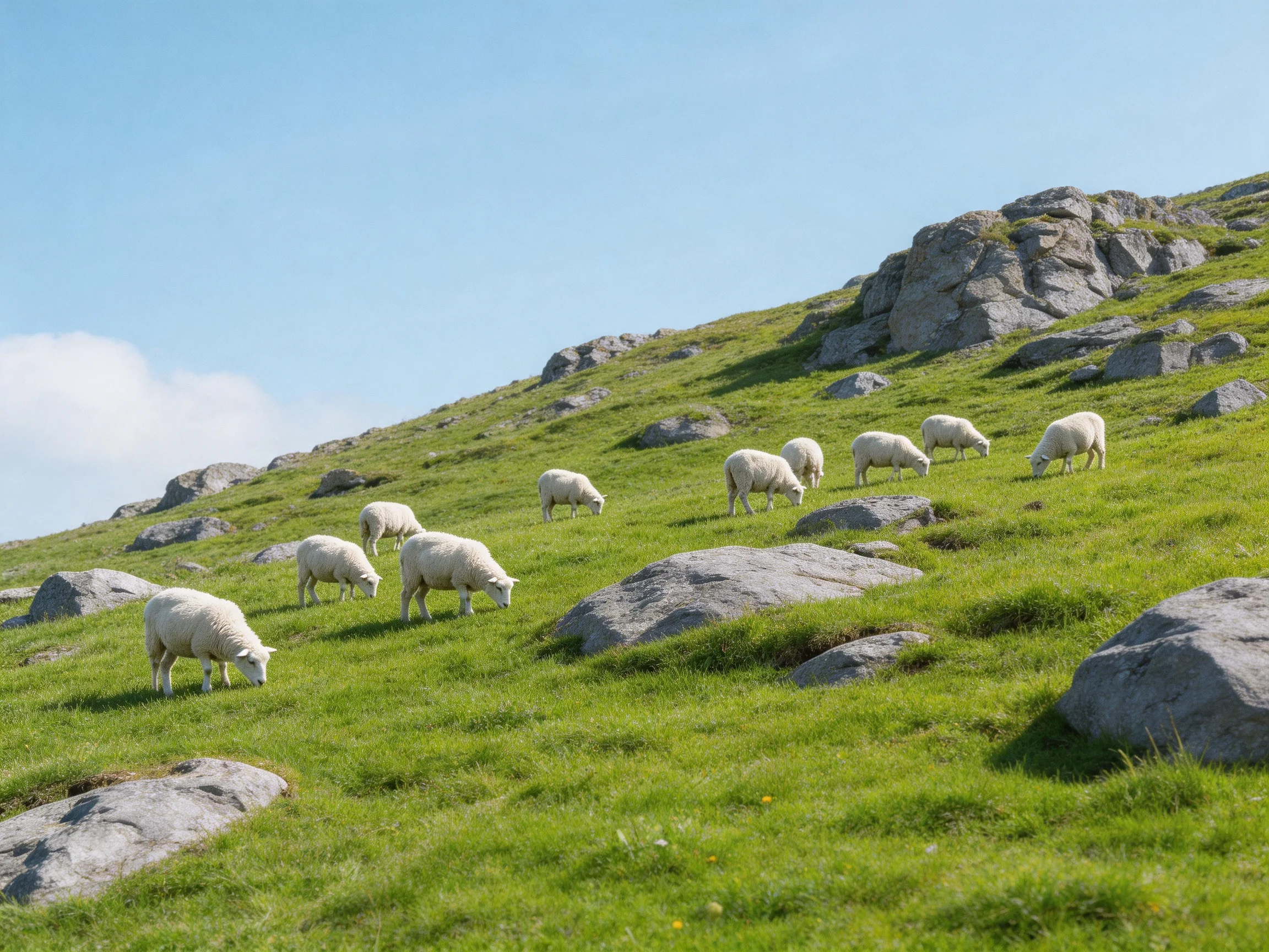 Sheep grazing on a rocky green hillside under clear blue sky