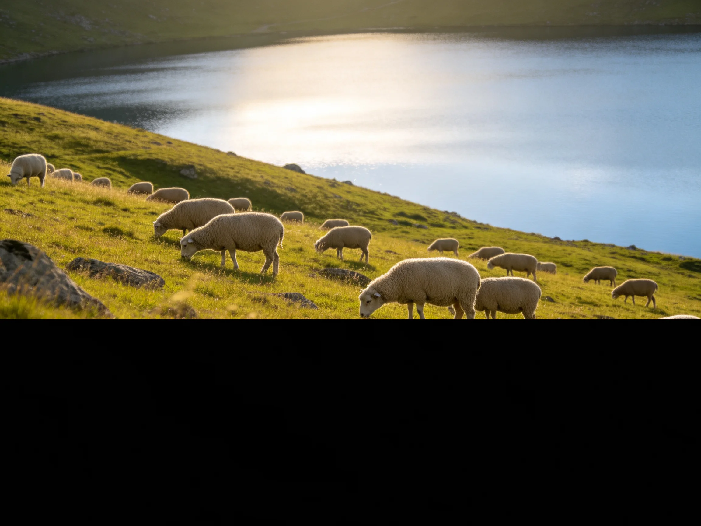 Sheep grazing on a sunlit grassy hillside near a calm lake