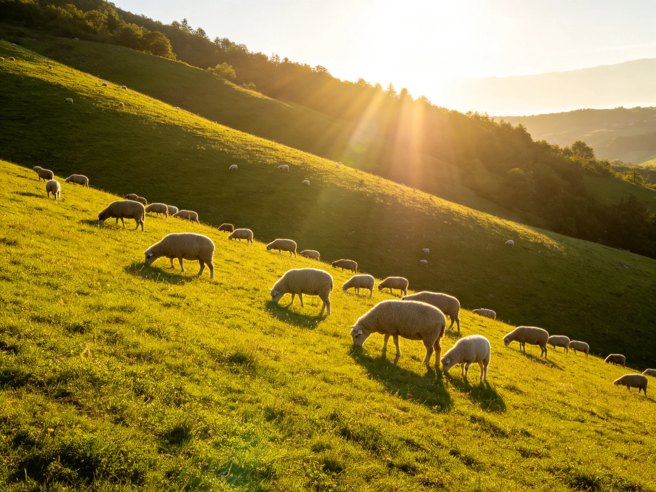 Sheep grazing on a sunlit green hillside with rolling terrain