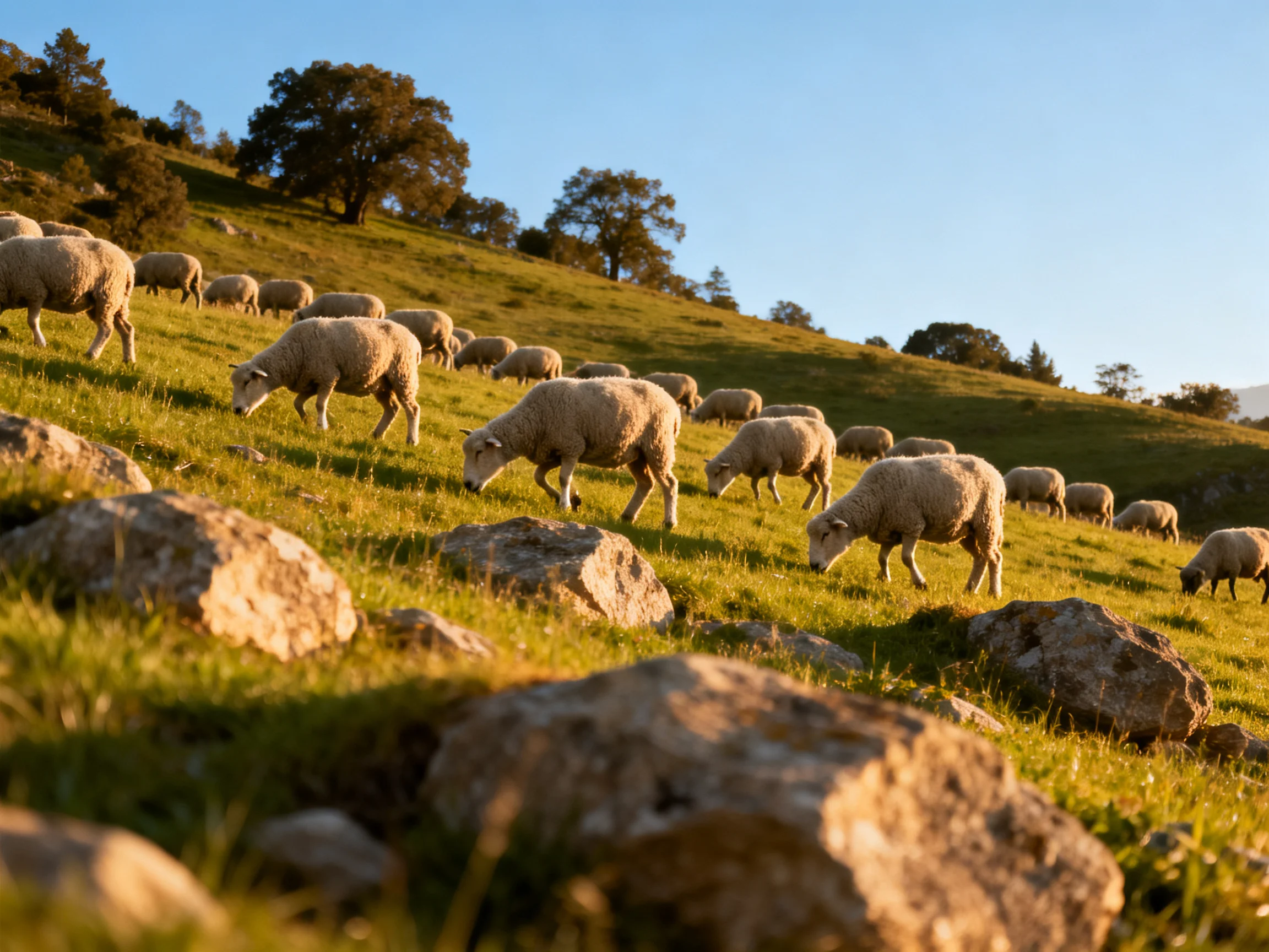 Sheep grazing on a sunlit green hillside with scattered rocks