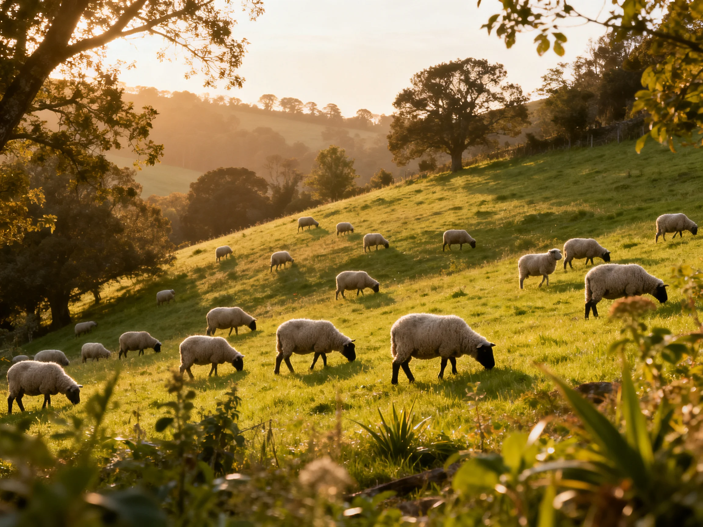 Sheep grazing on a sunlit green hillside with scattered trees