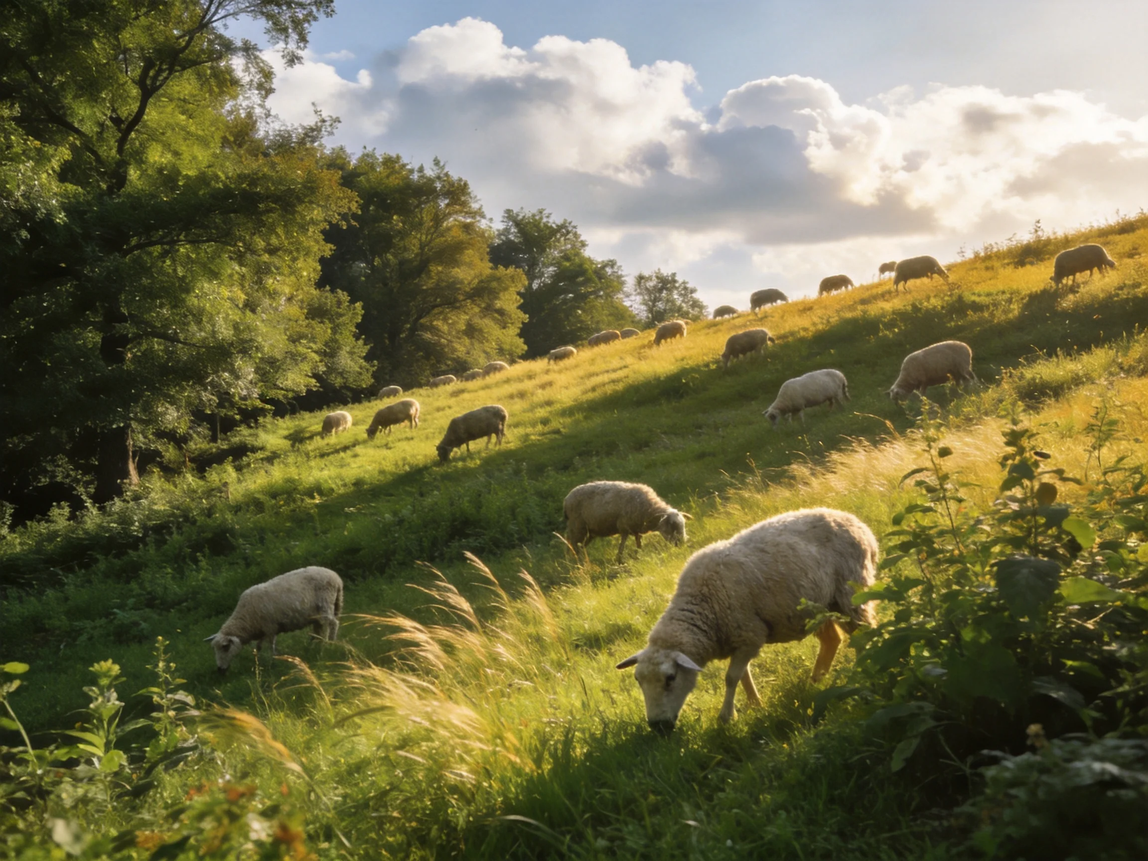 Sheep grazing on a sunlit green hillside with scattered trees.