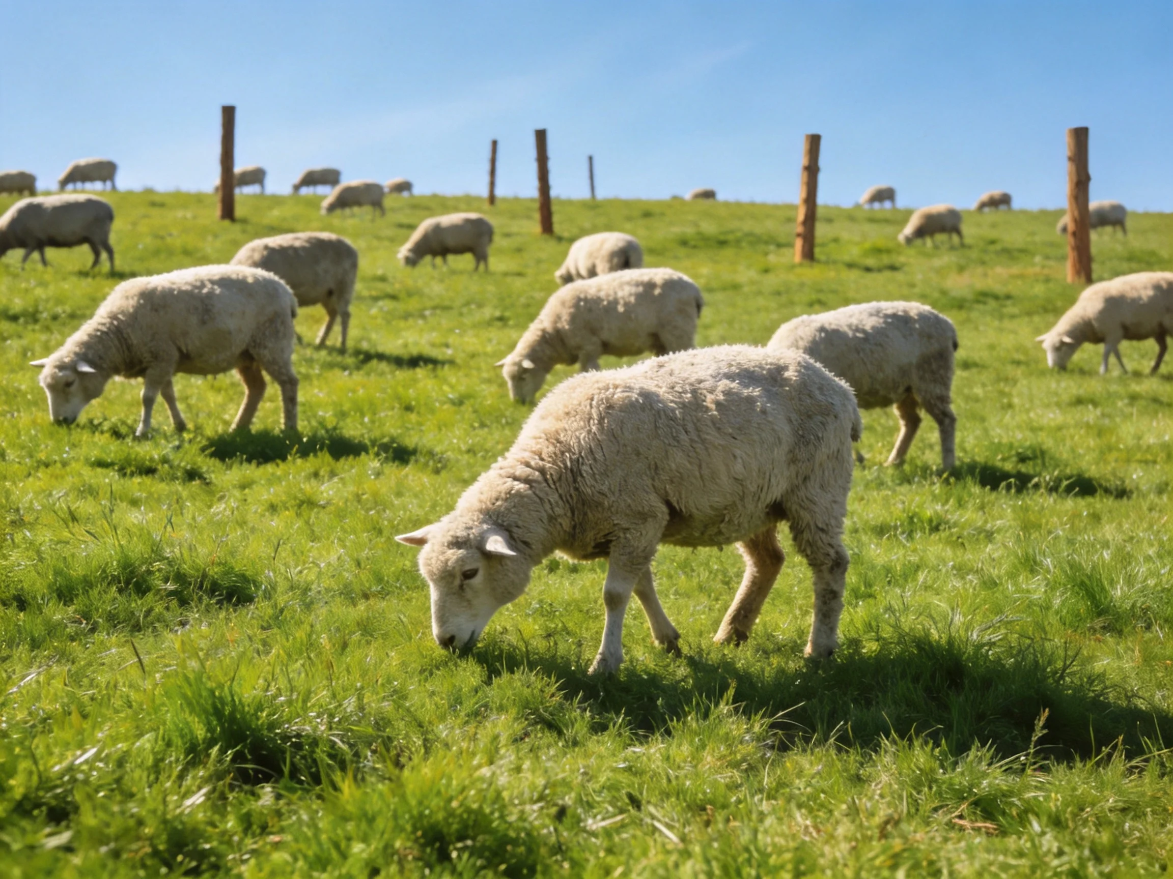 Sheep grazing on a sunlit green pasture with wooden posts