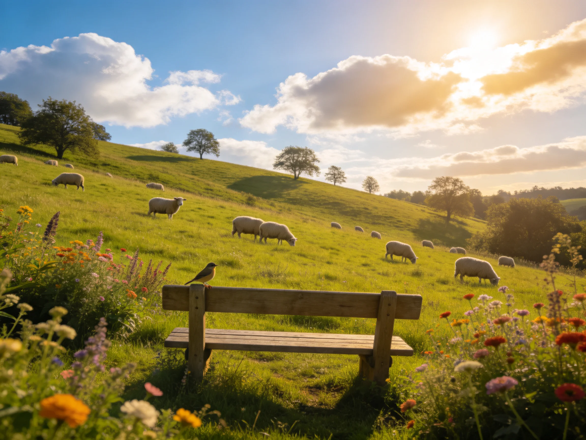 Sheep grazing on a sunlit hillside with wildflowers and a wooden bench