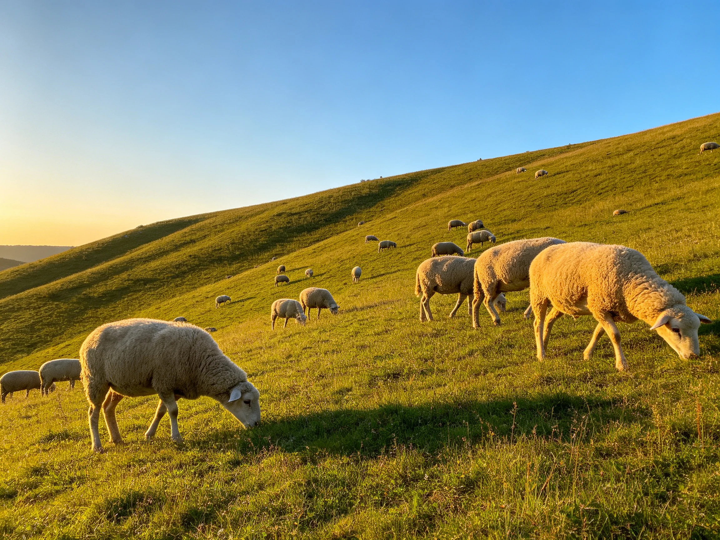 Sheep grazing on a sunlit rolling green hillside