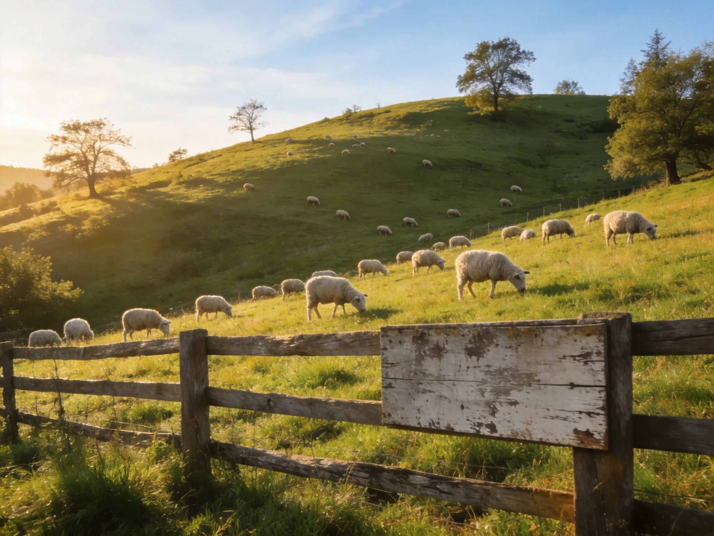 Sheep grazing on a sunlit rolling green hillside near wooden fence
