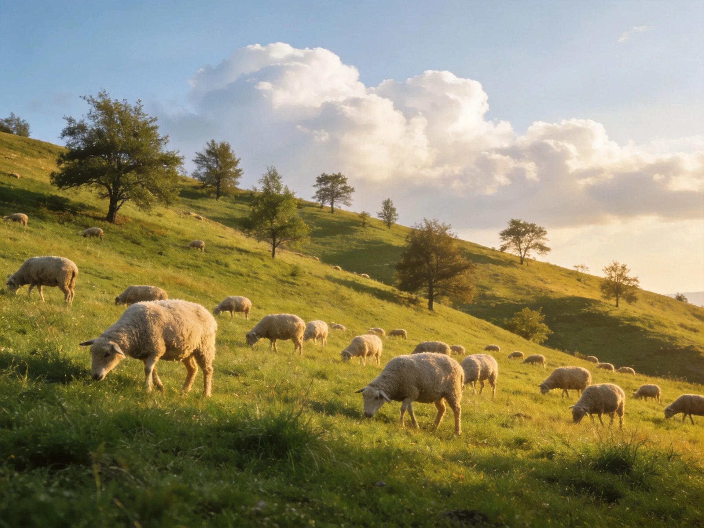Sheep grazing on a sunlit rolling green hillside with scattered trees