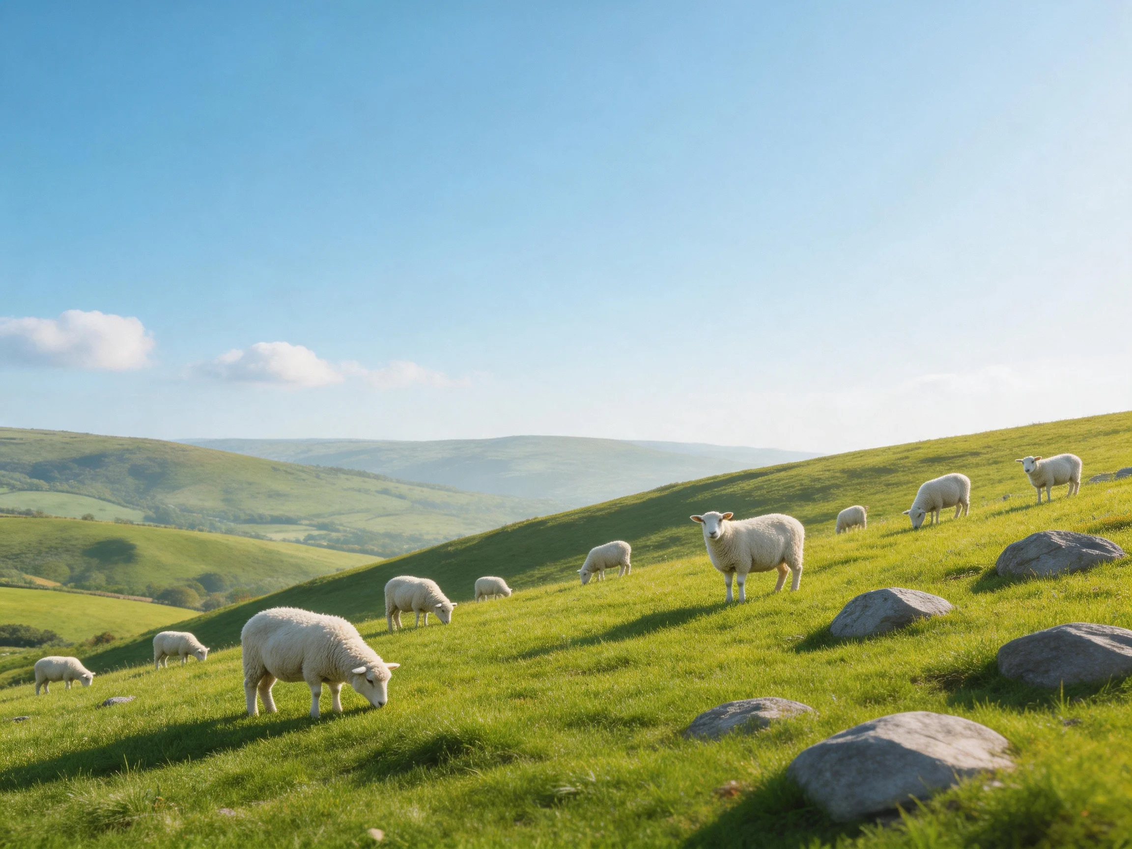 Sheep grazing on a verdant hillside with scattered rocks
