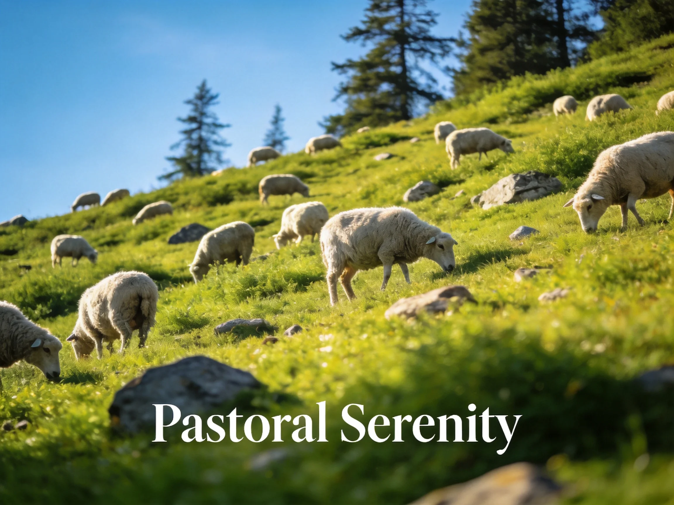 Sheep grazing on a verdant hillside with scattered rocks