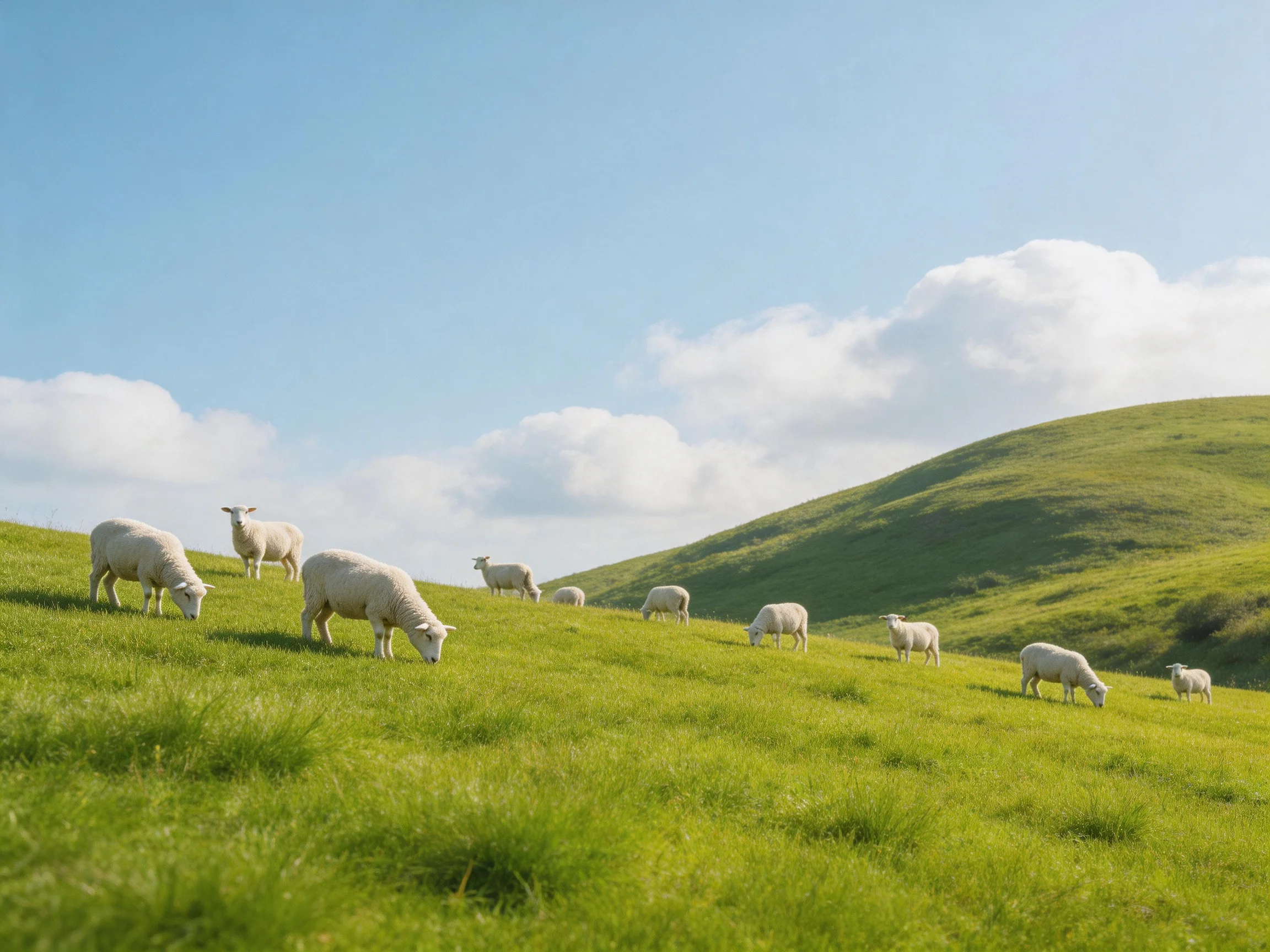 Sheep grazing on lush green hills under bright blue sky