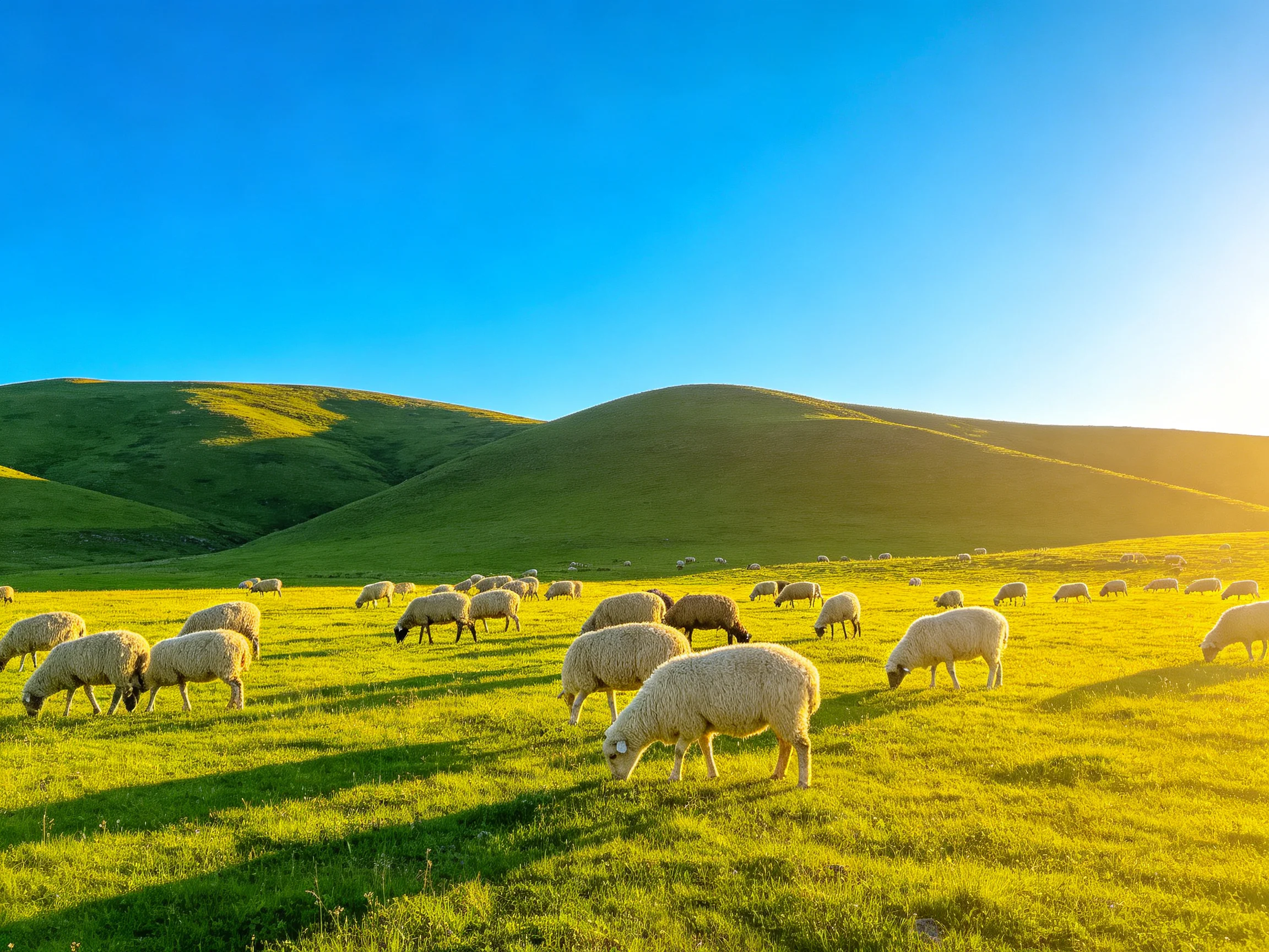 Sheep grazing on lush green hills under clear blue sky