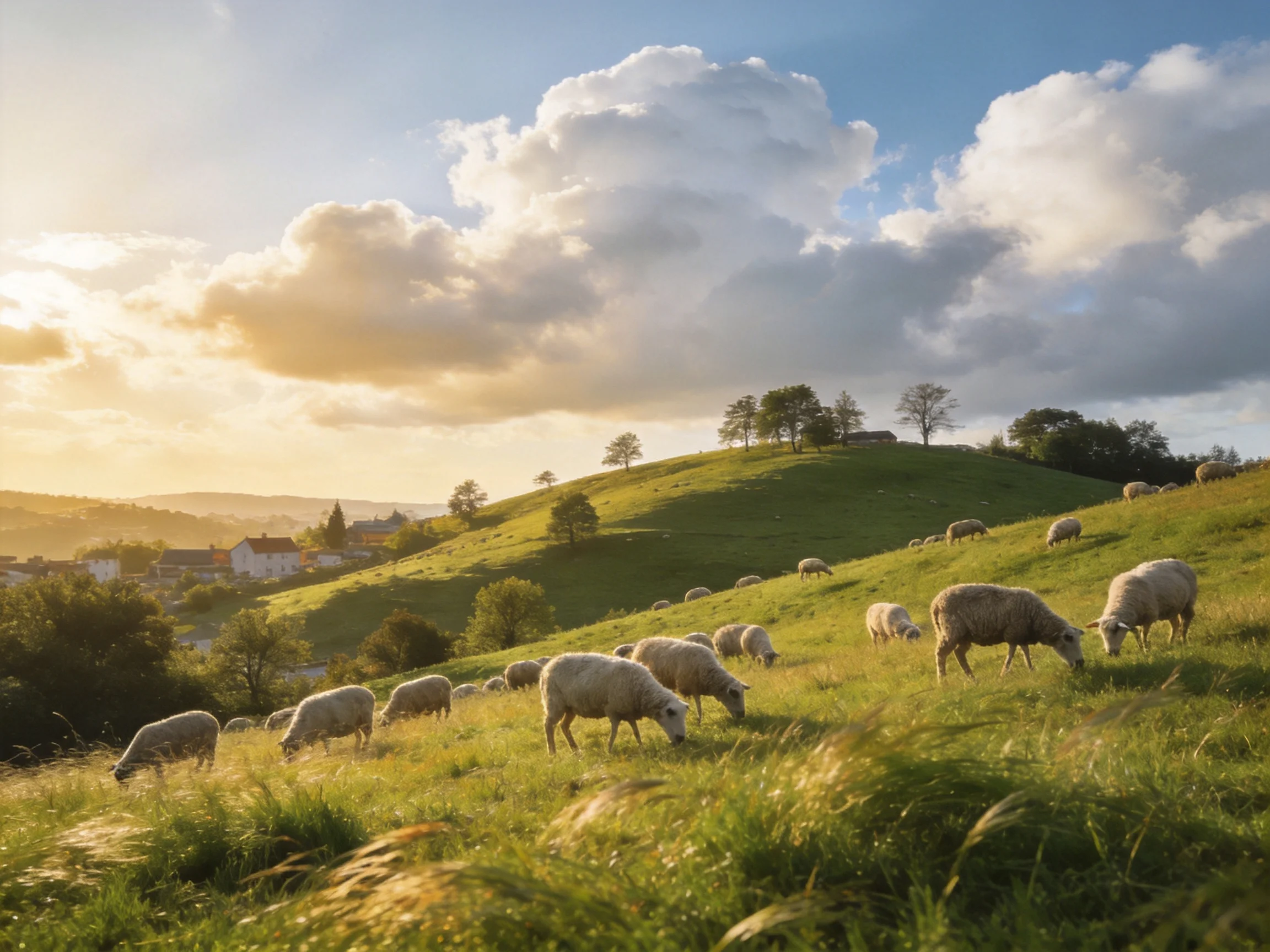 Sheep grazing on lush green hills under golden sunset sky