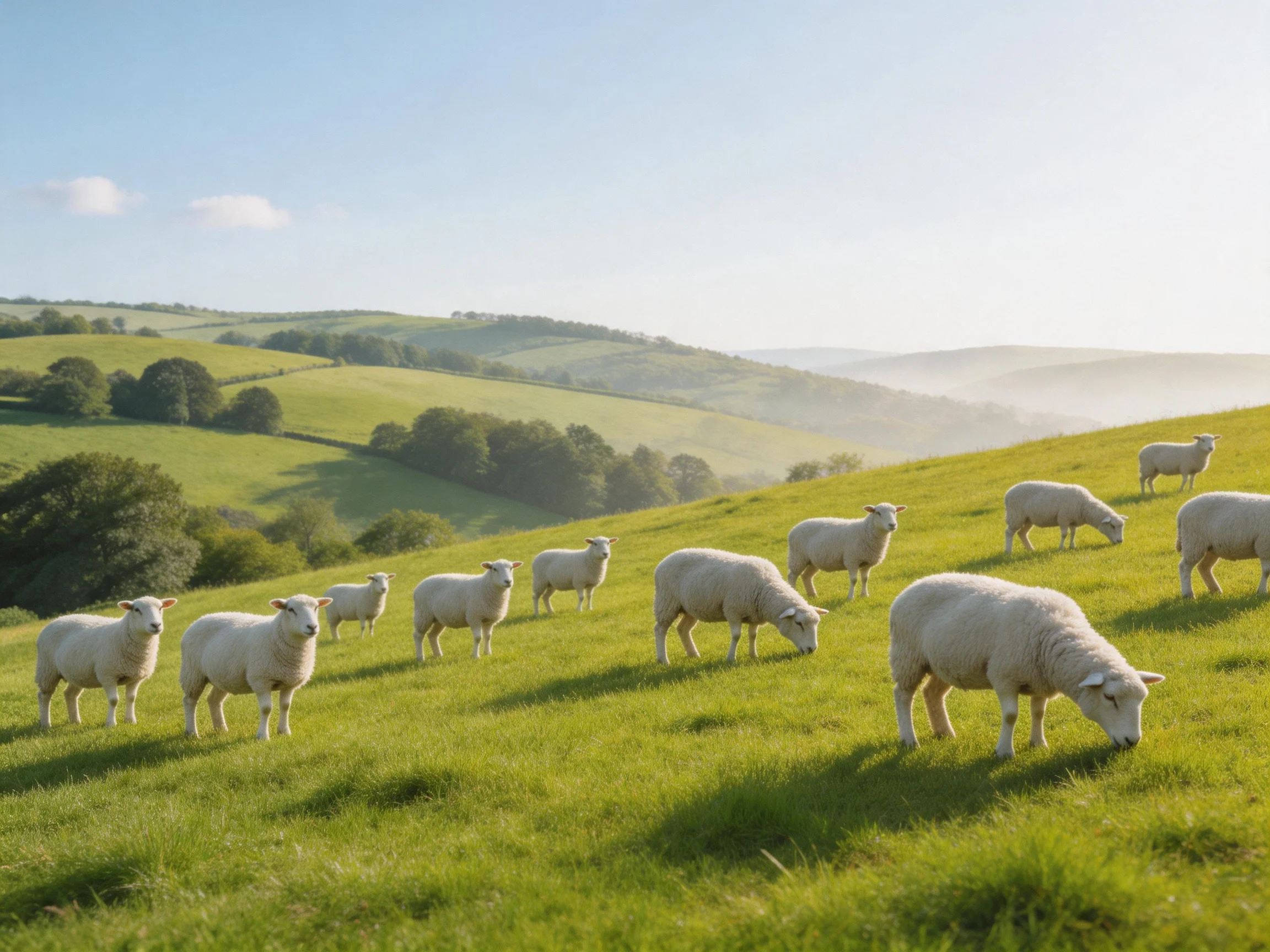 Sheep grazing on lush green hills with misty backdrop