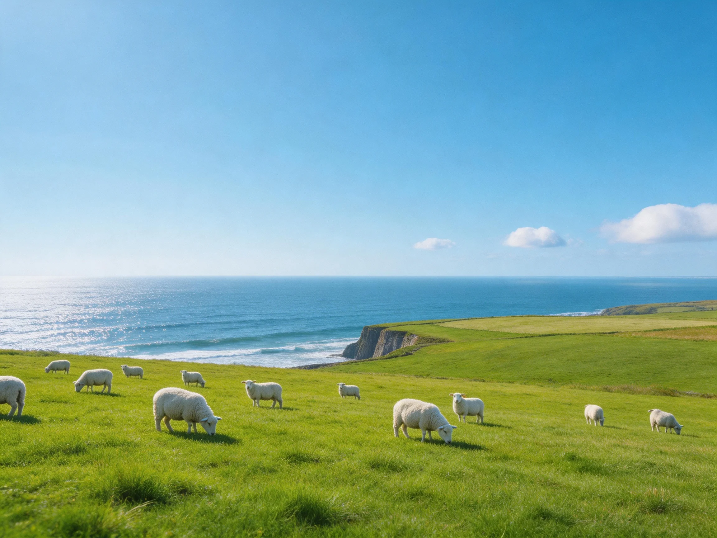 Sheep grazing on lush green hillside by coastal cliffs