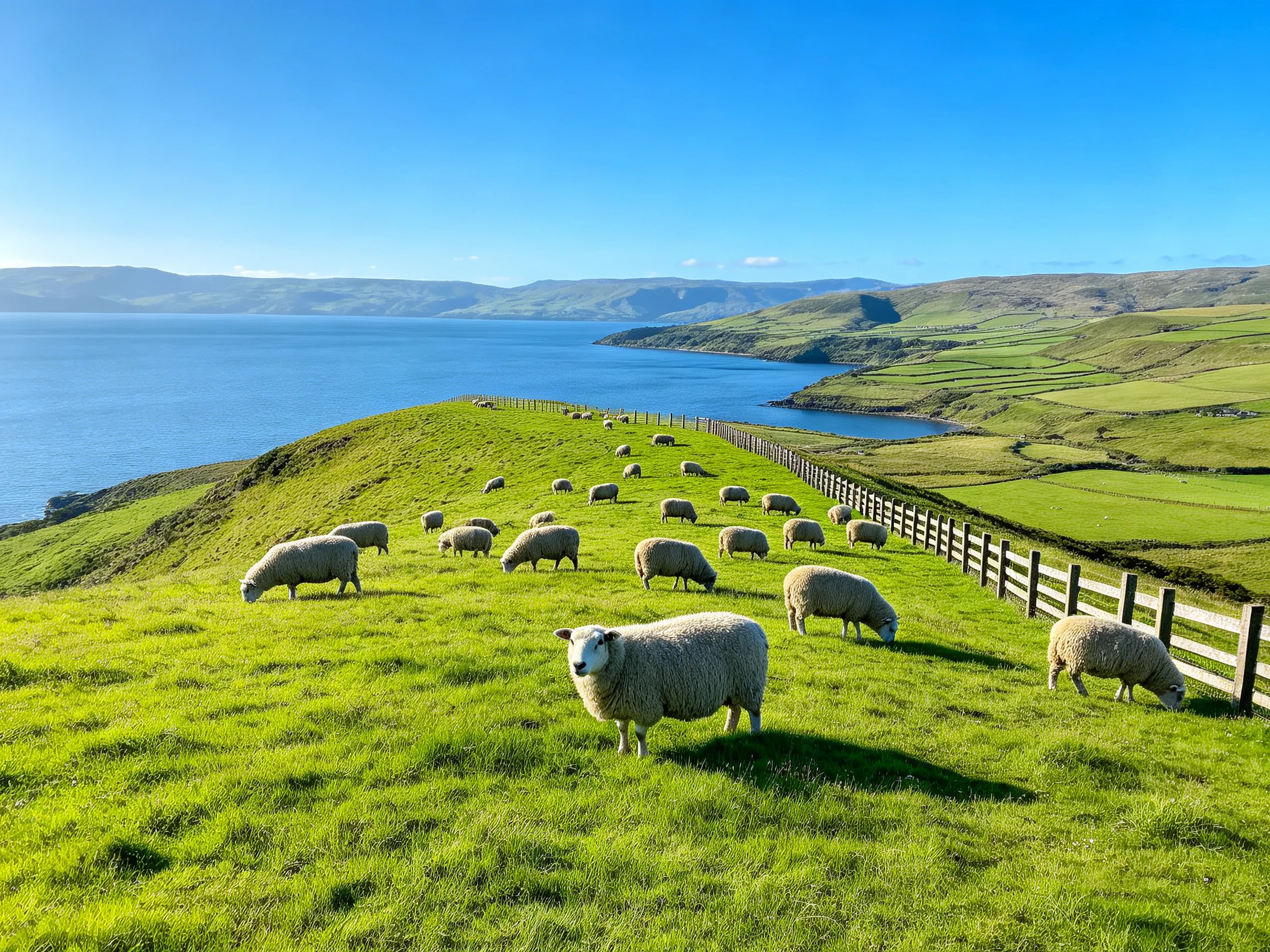 Sheep grazing on lush green hillside near blue coastal waters