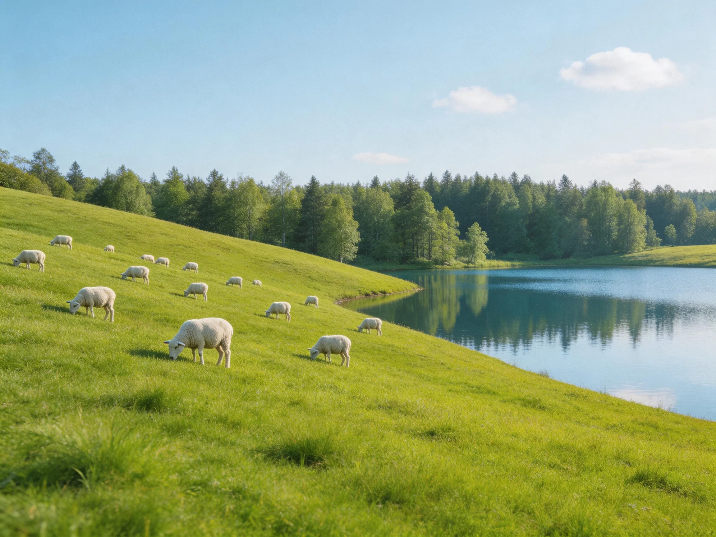 Sheep grazing on lush green hillside near calm blue lake
