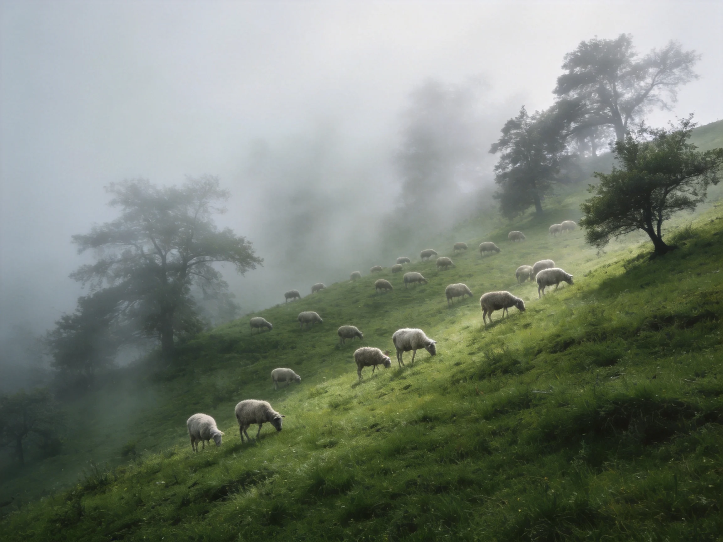 Sheep grazing on misty green hillside with scattered trees