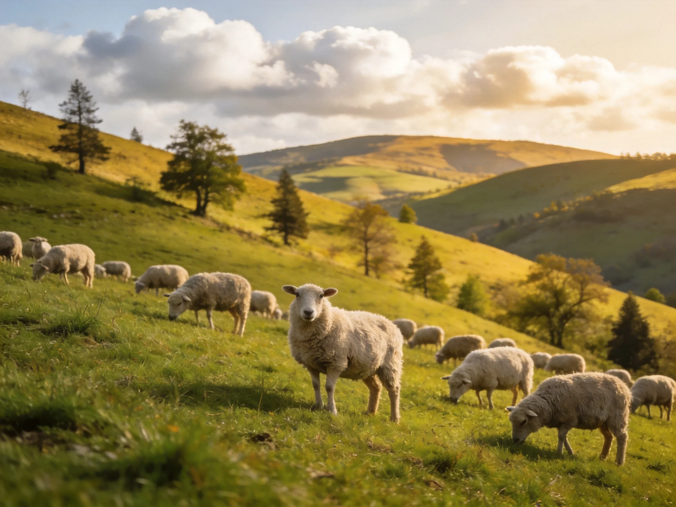 Sheep grazing on rolling green hills under golden sunlight