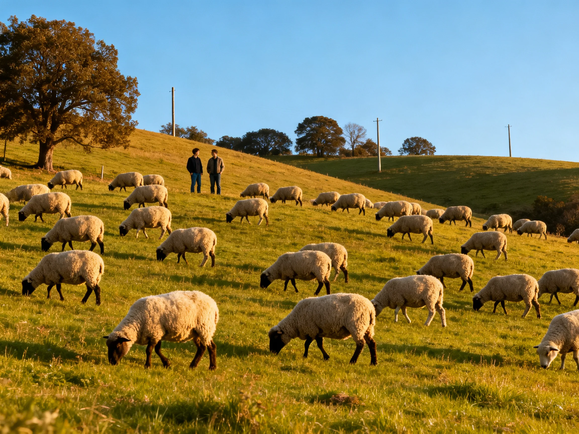 Sheep grazing on rolling hillside with two observers under clear blue sky