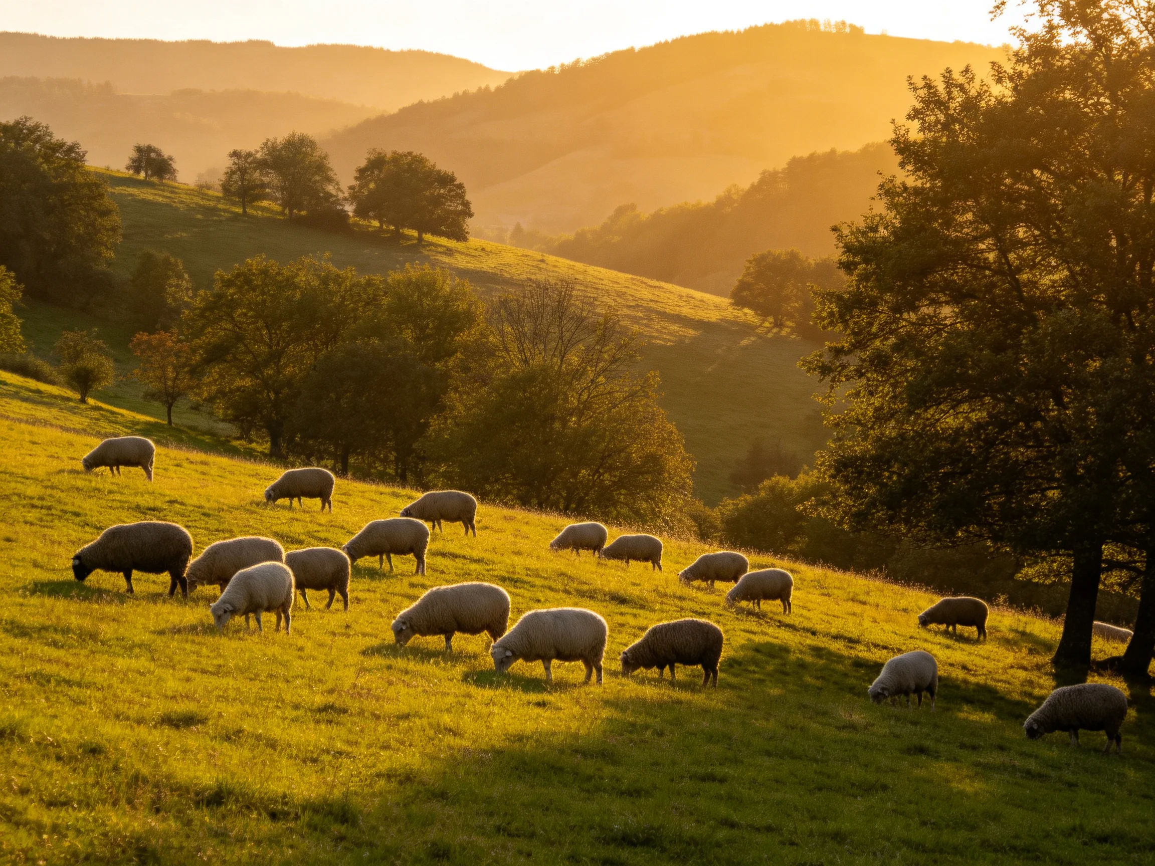Sheep grazing on sunlit rolling green hills
