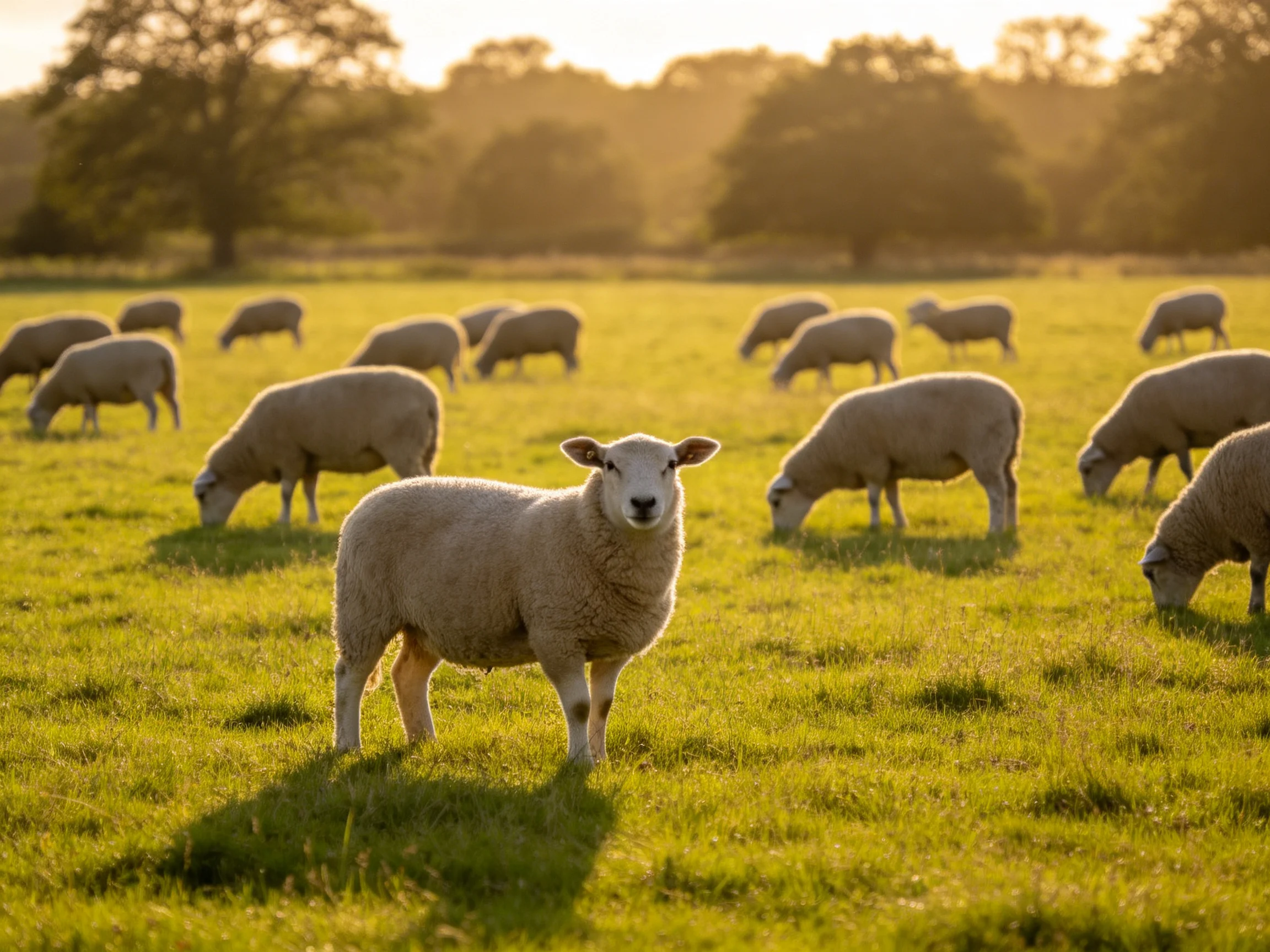 Sheep grazingin a sunlit green pasture with scattered trees