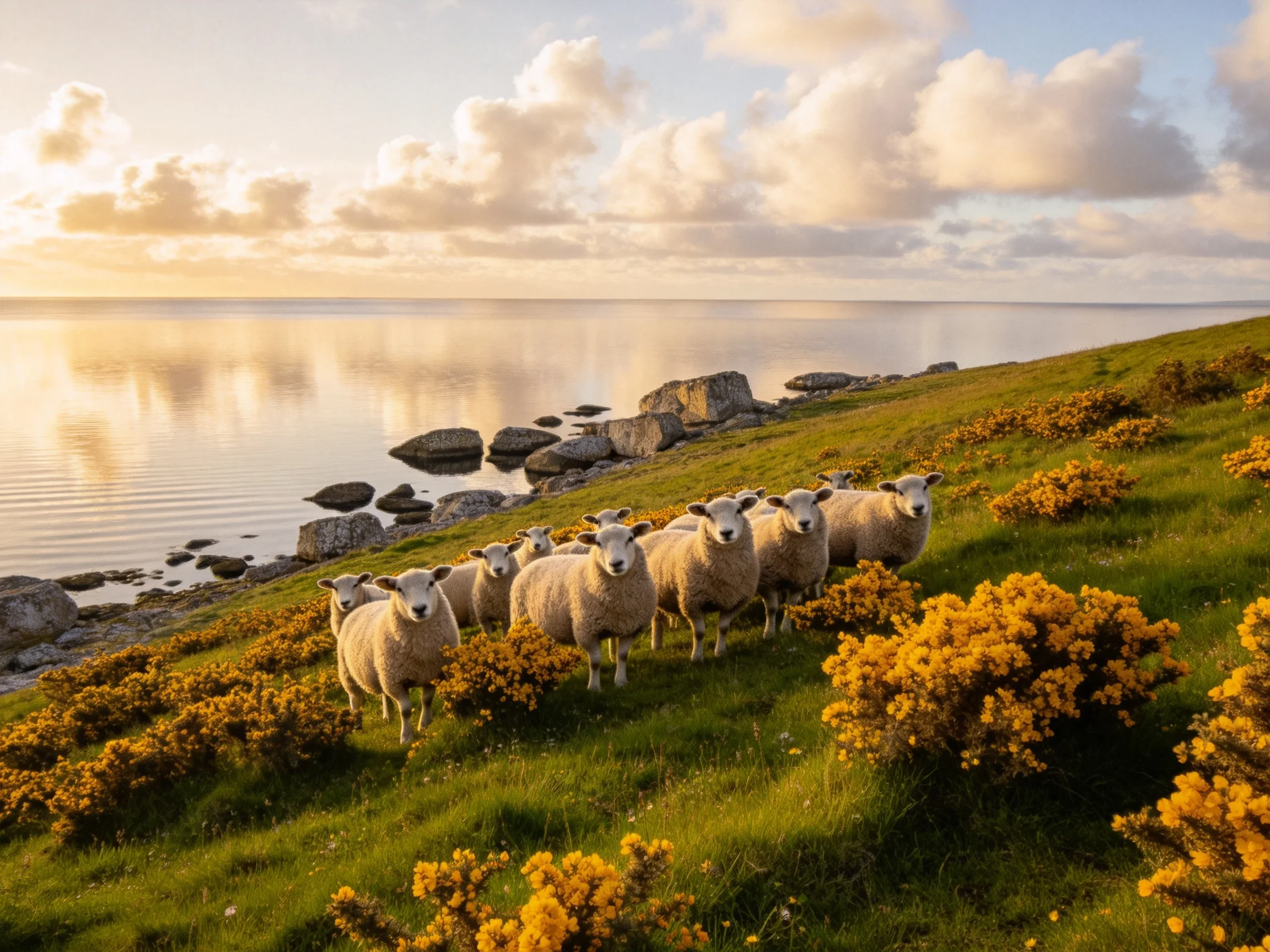 Sheep group on grassy slope by calm sea with yellow bushes