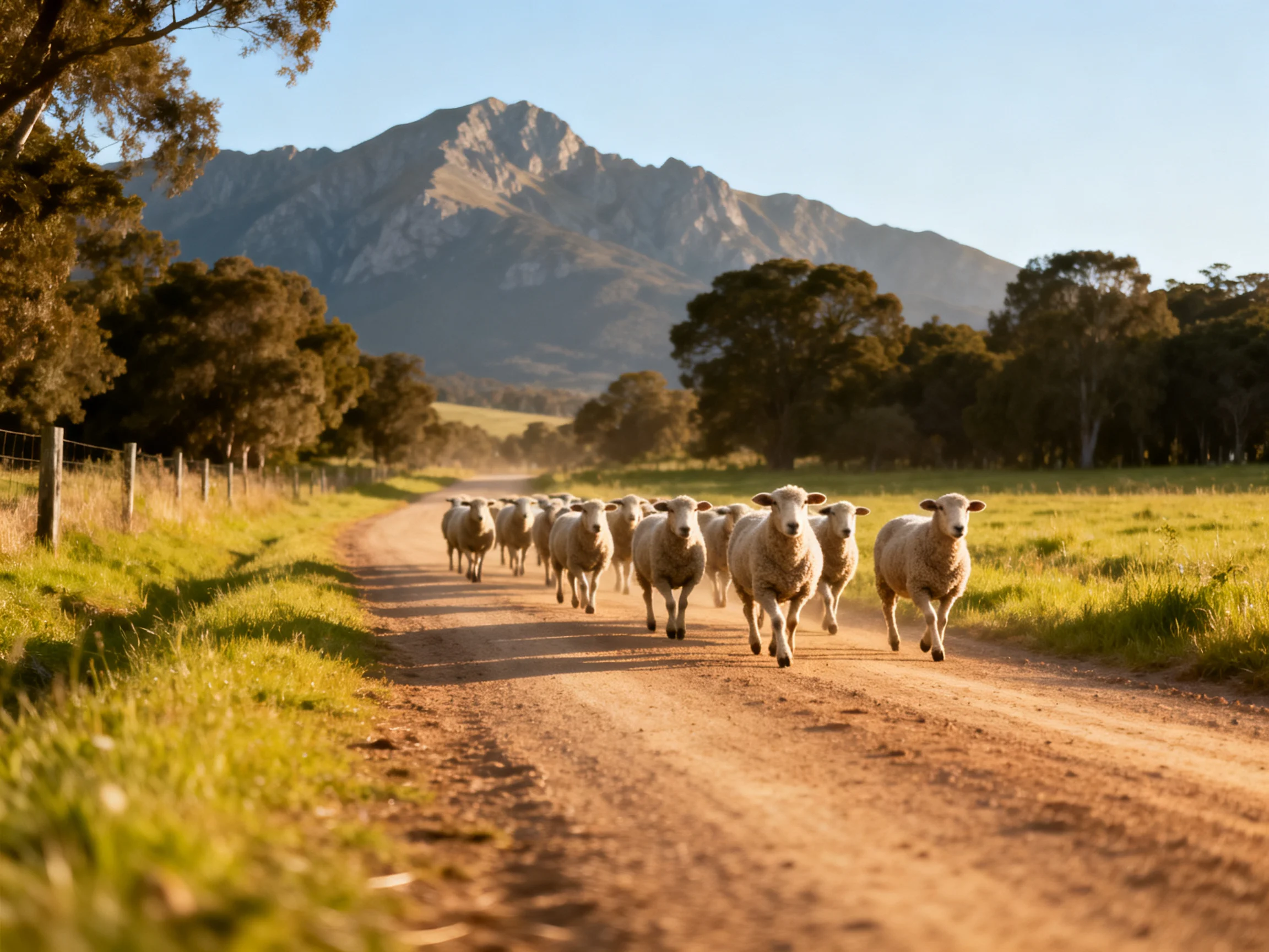 Sheep herd dashes down a dusty rural road with mountain backdrop