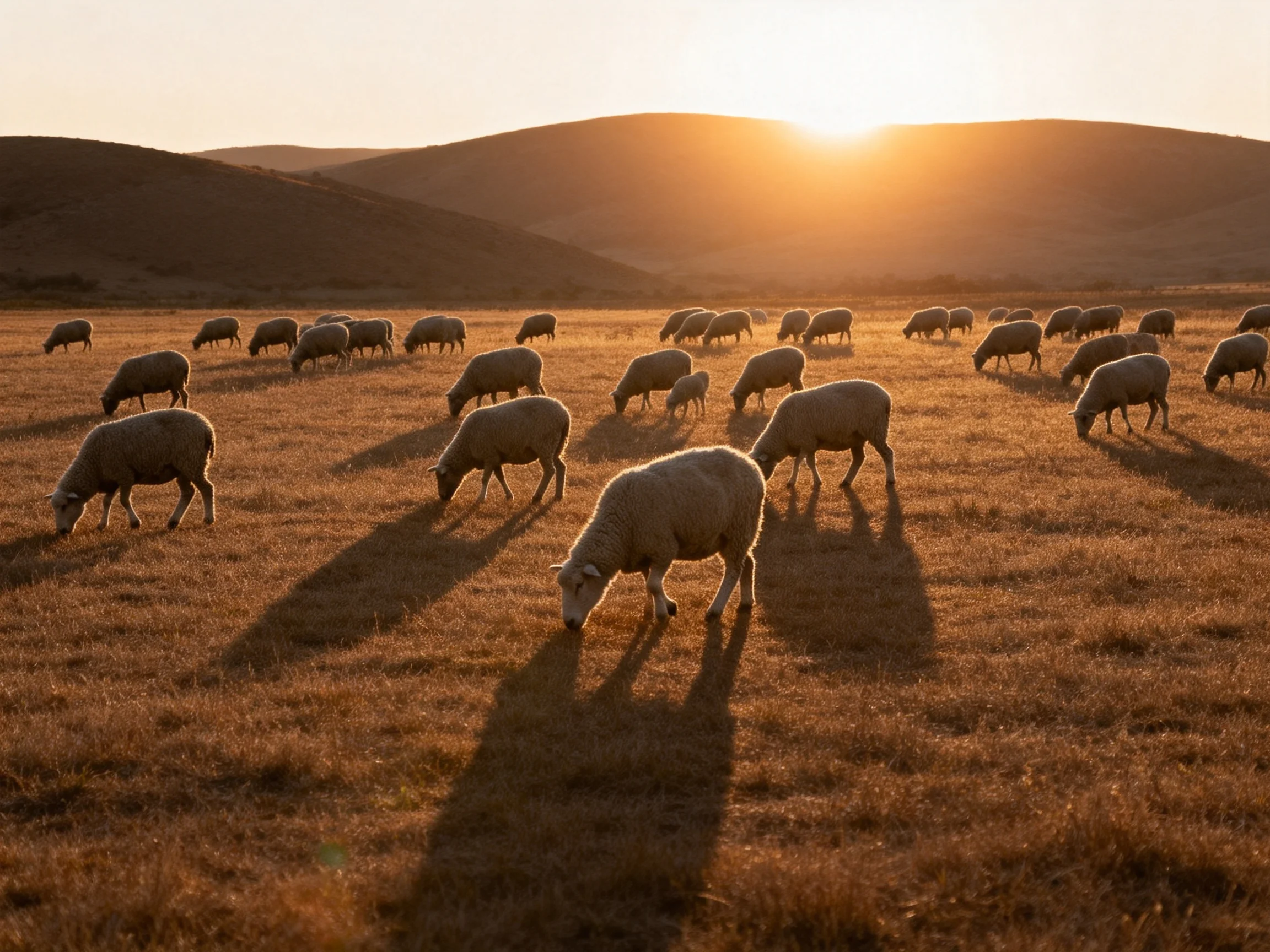 Sheep herd grazing in sunlit, golden fields by rolling hills