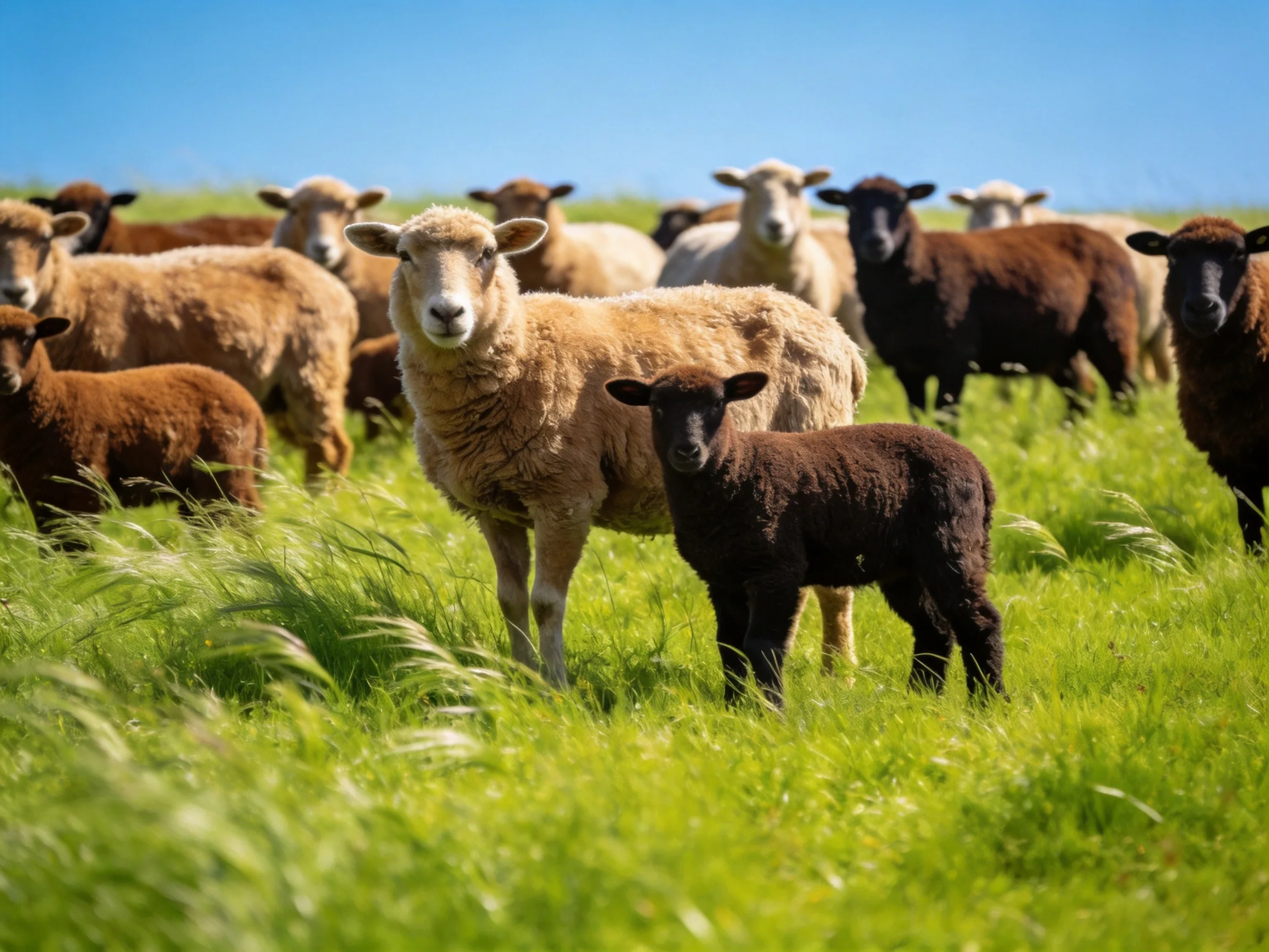 Sheep herd in a lush green pasture with varied coat colors
