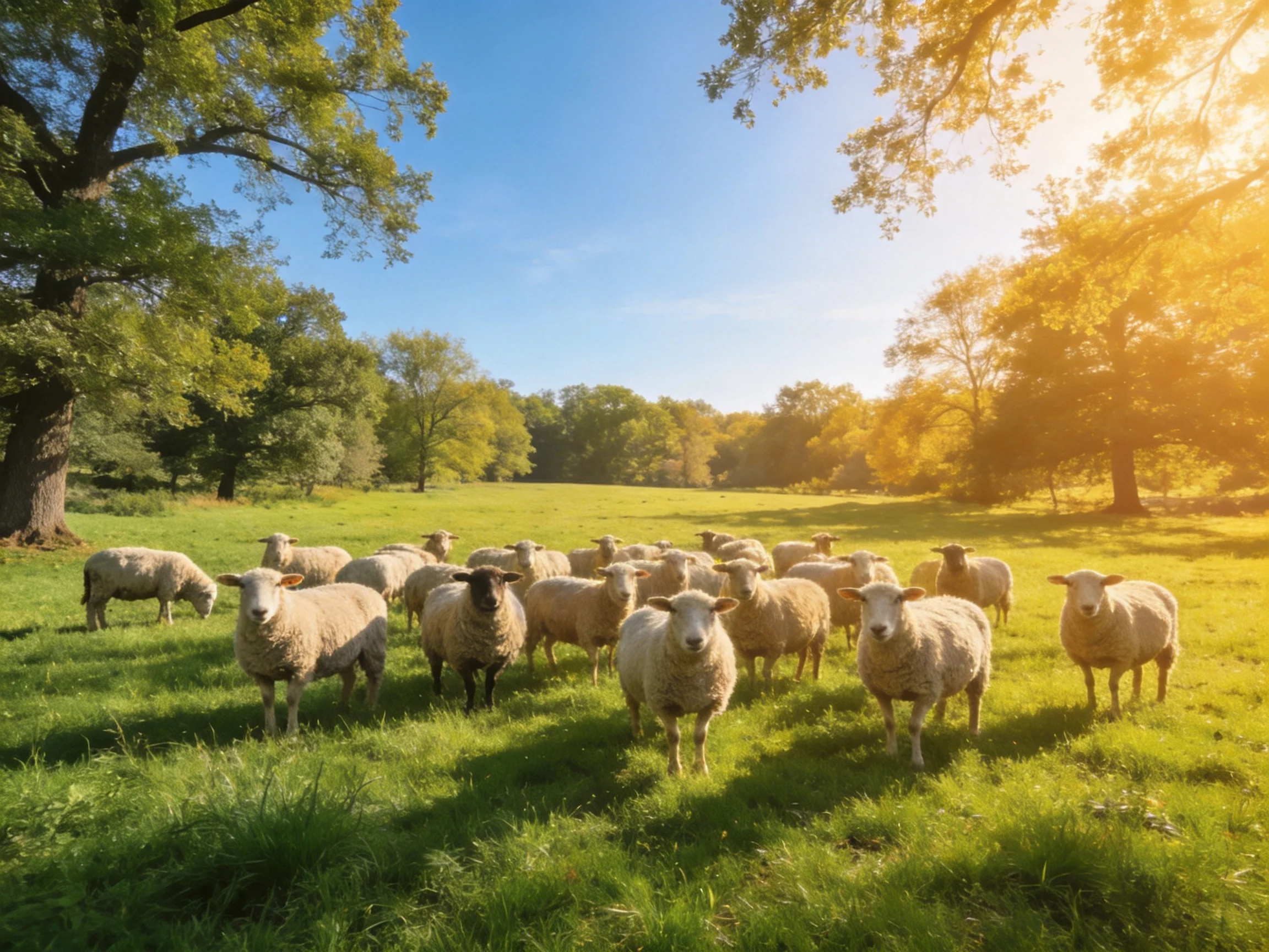 Sheep herd in sun-drenched green pasture with tall trees