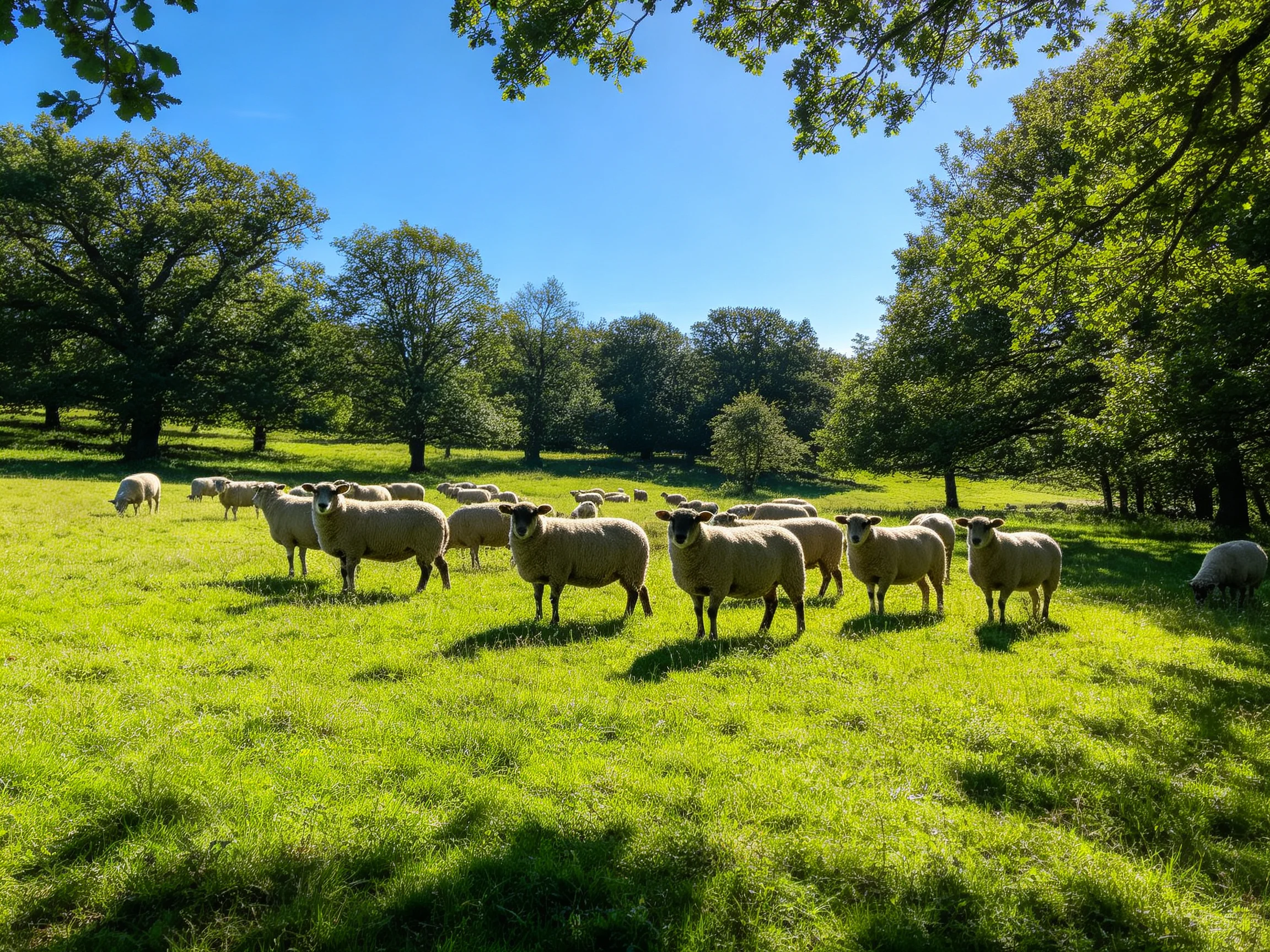 Sheep herd in vibrant green meadow with tall trees