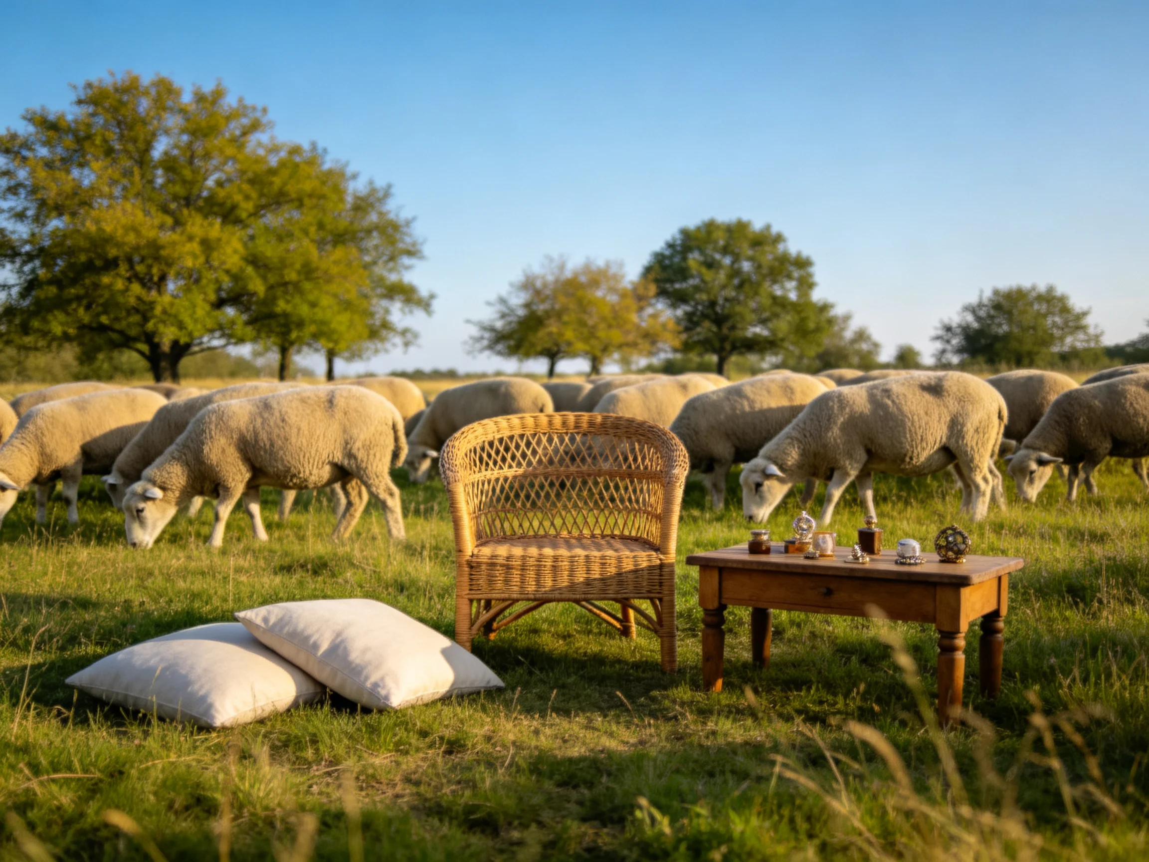 Sheep herd near wicker chair and wooden table in sunny meadow