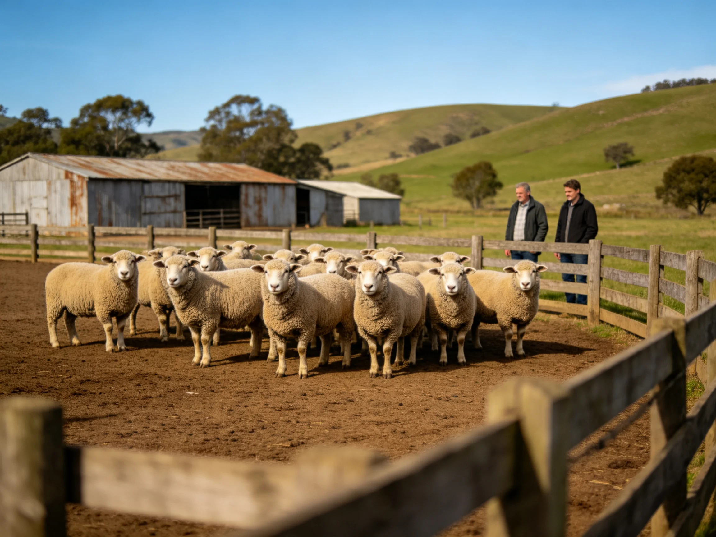 Sheep herd near wooden fence with two men, rustic barns, rolling hills