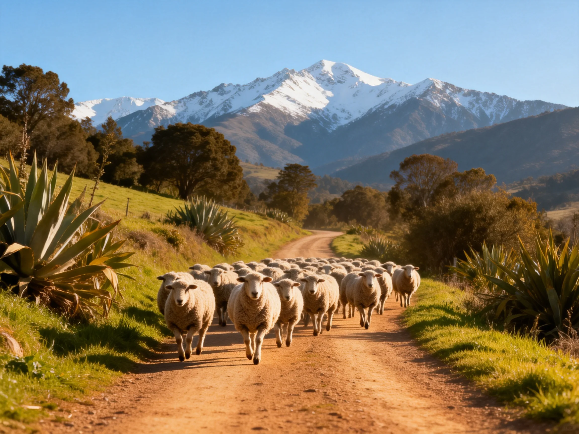 Sheep herd on a dusty rural path near snow-capped mountains