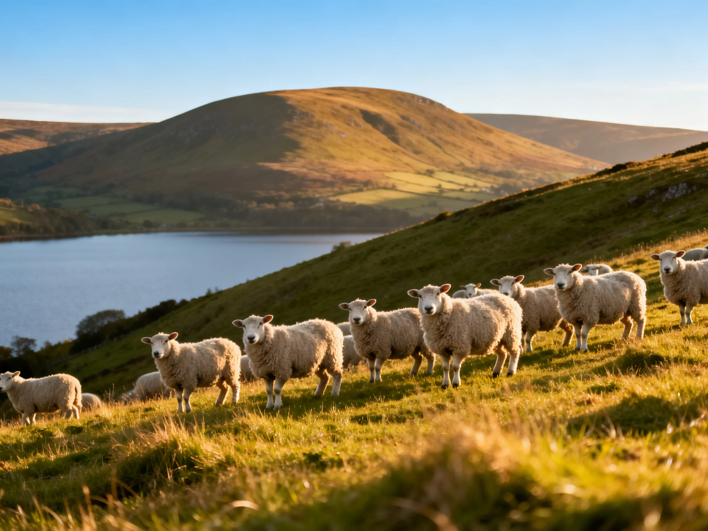 Sheep herd on a sunlit grassy hillside by a lake with golden hills