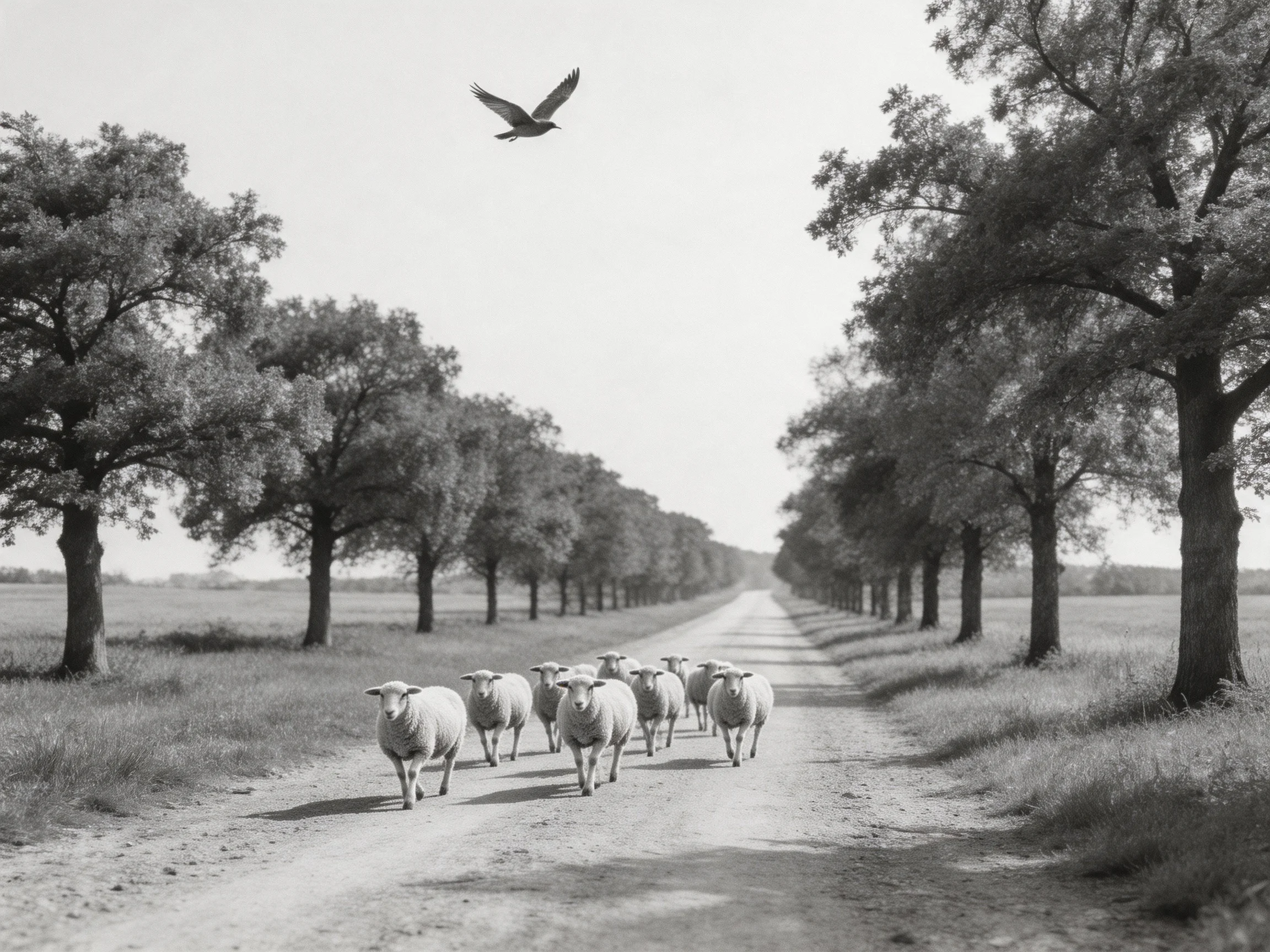 Sheep herd on a tree-lined dirt road with a flying bird