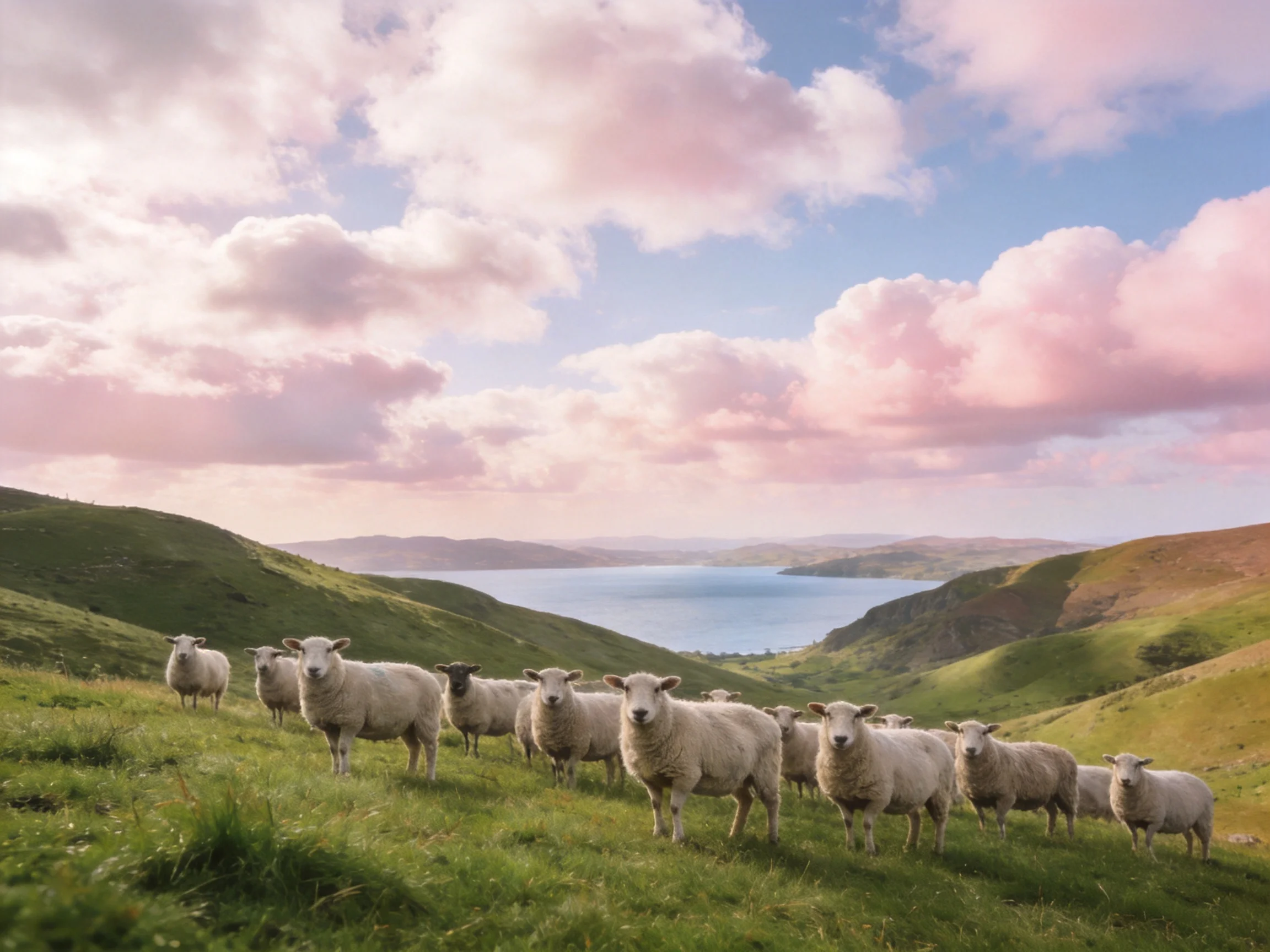 Sheep herd on green hills near blue water